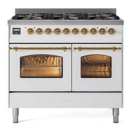 ILVE - Nostalgie II Series 40 in. Dual Fuel Range with 6 Sealed Burners (Natural Gas, Brass Trim) - White