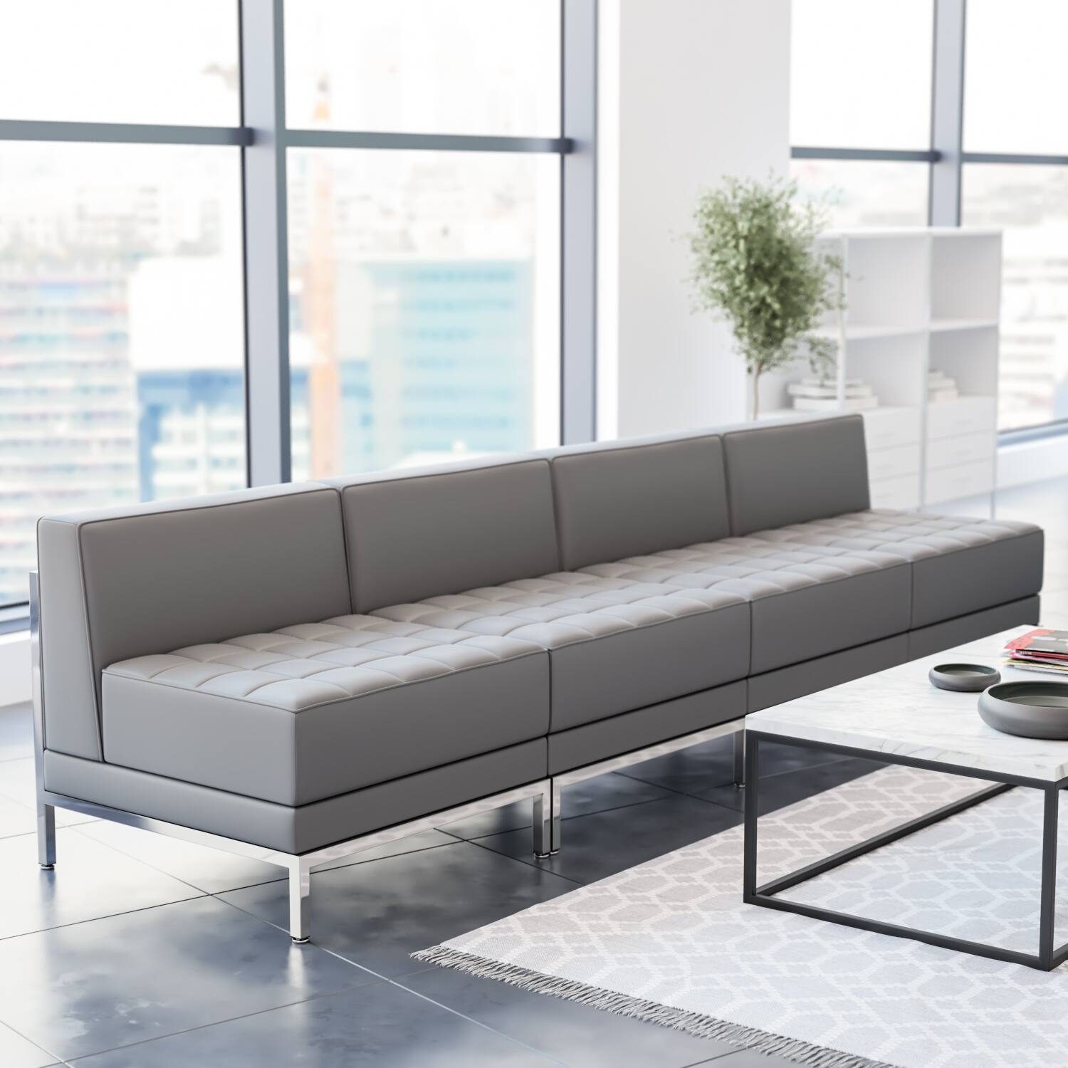 Alt View 1. Emma + Oliver - Leather Lounge Set with Ganging Clips, 4 Pieces - Gray.