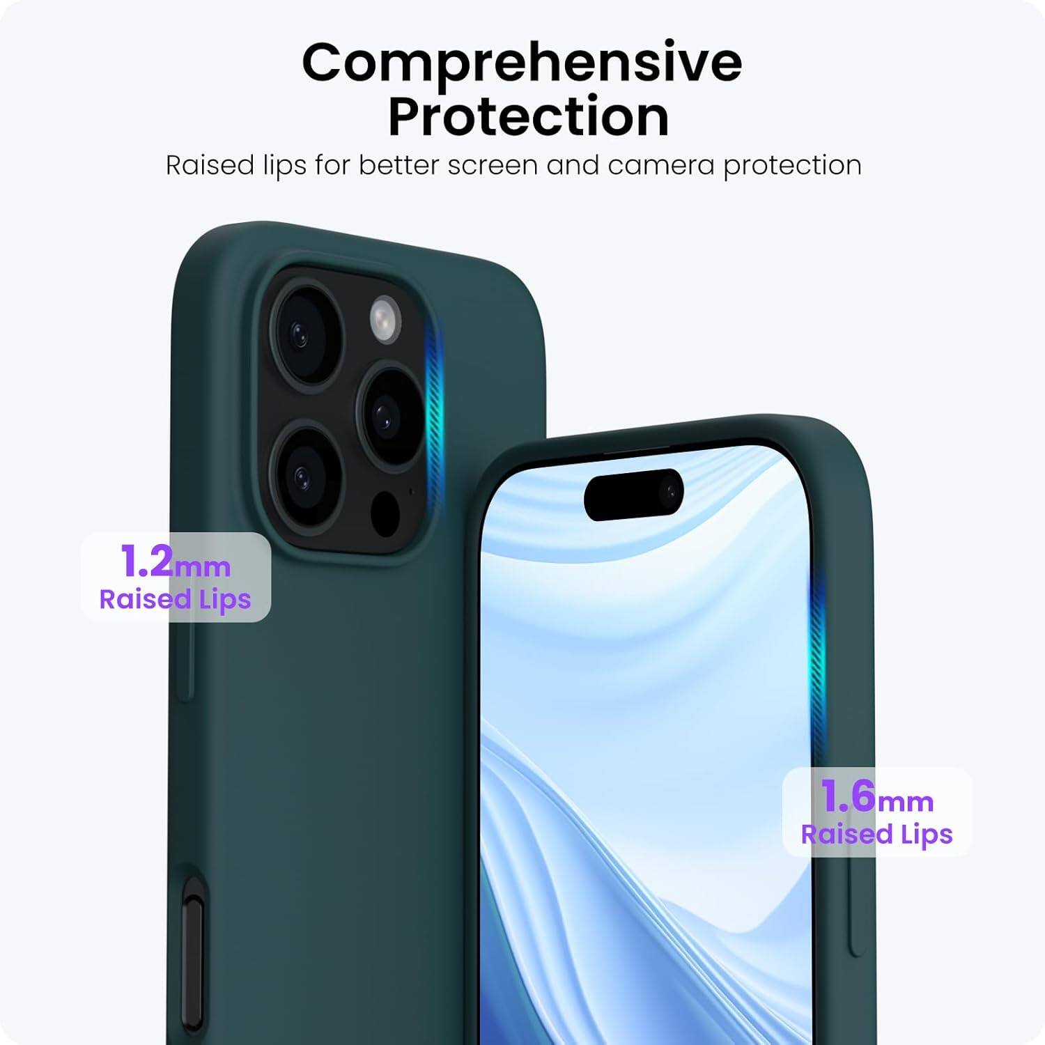 Comprehensive Protection
Raised lips for better screen and camera protection
1.2mm Raised Lips
1.6mm Raised Lips