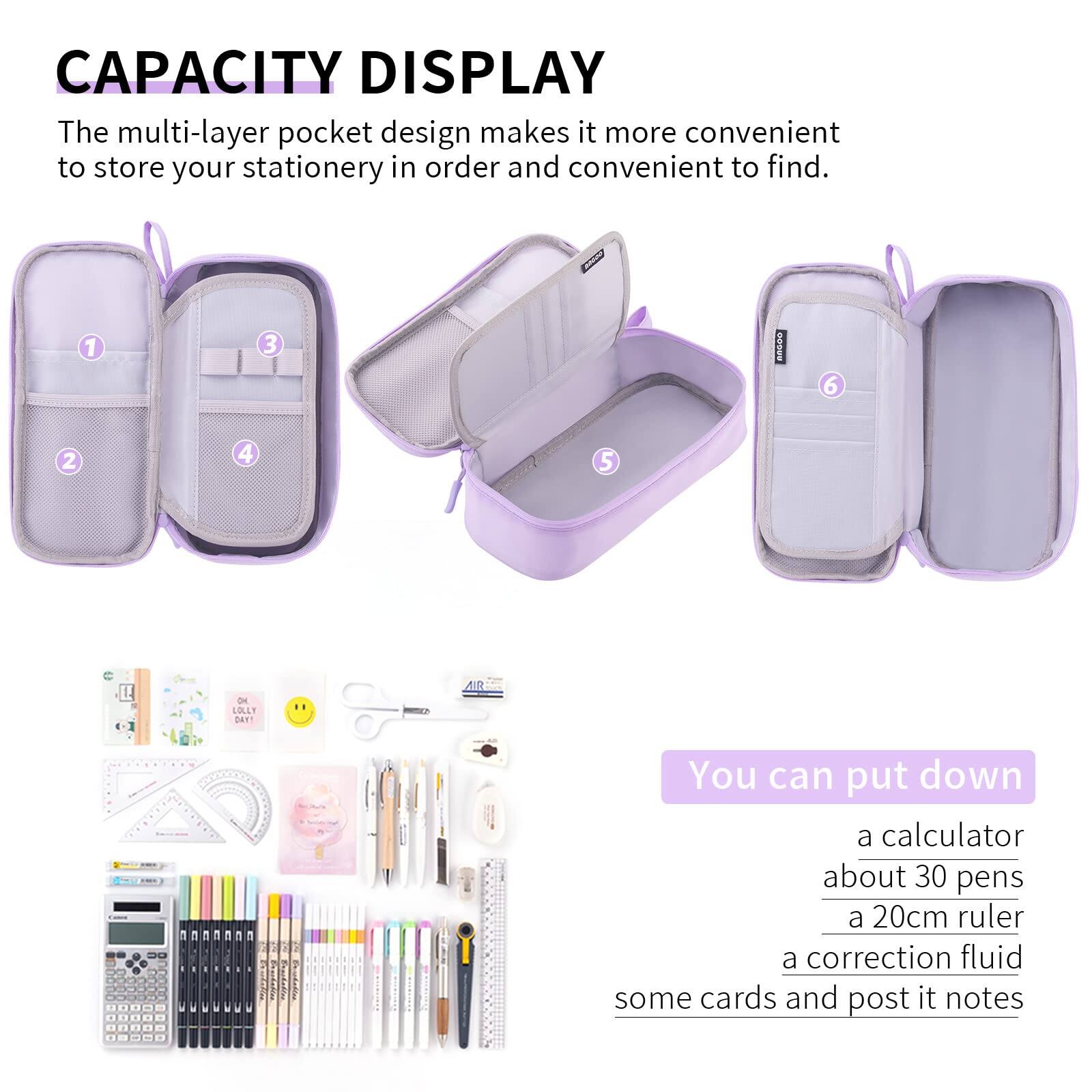 **CAPACITY DISPLAY**

The multi-layer pocket design makes it more convenient to store your stationery in order and convenient to find.

You can put down:
- a calculator
- about 30 pens
- a 20cm ruler
- a correction fluid
- some cards and post it notes