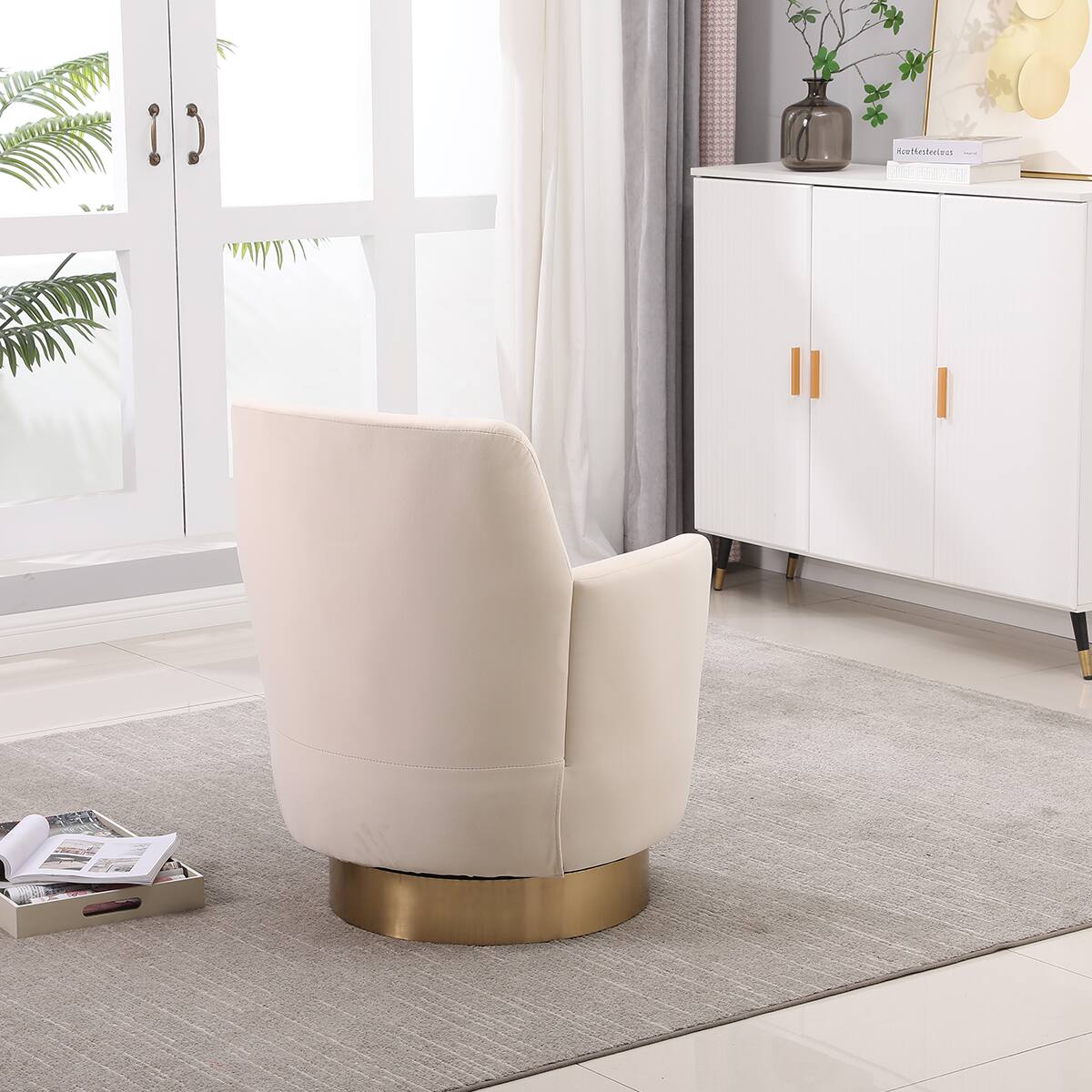 Left. Trinkets Crazed - Swivel Barrel Chair,Modern Comfy Velvet Upholstered Round Swivel Accent Chairst,360 Degree Single Sofa Chair Armchair - Beige.