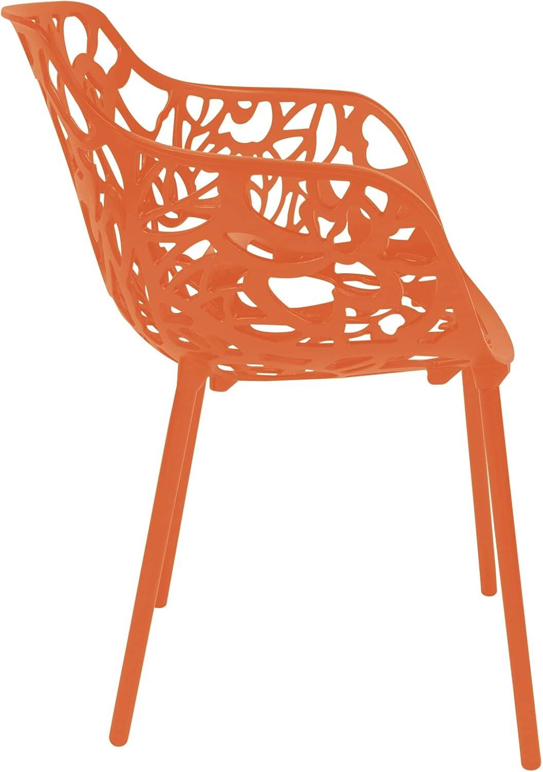 Back. LeisureMod - Devon (Set of 4) Aluminum Outdoor Dining Chair - UV & Rust Resistant Stackable Floral Accent Chair - Orange.