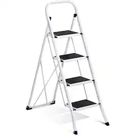 FED Fitness - 4 Step Ladder, Folding Step Stool with Extra Wide Anti-Slip Pedal, 350lbs Lightweight Portable Sturdy Steel Ladders - White