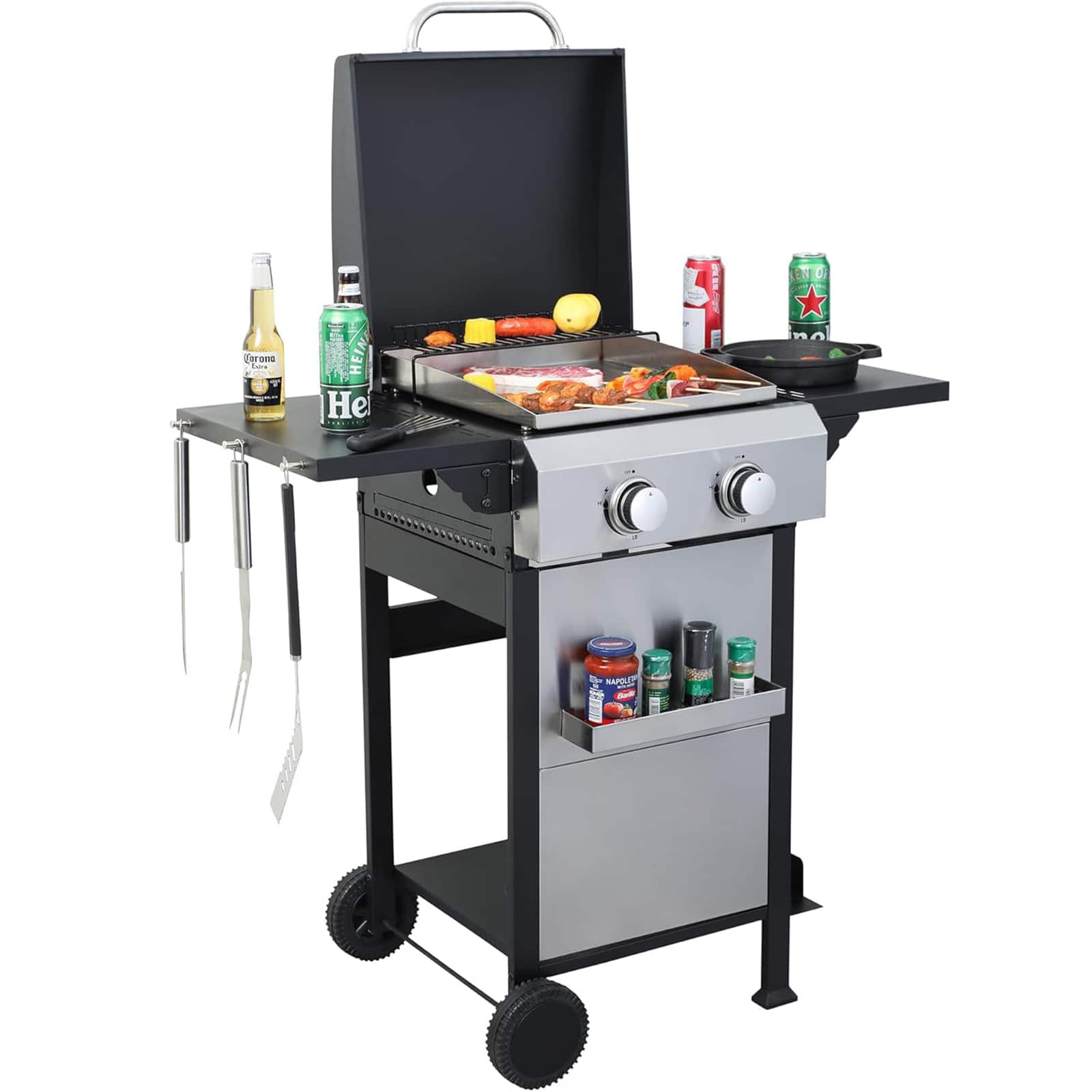 Chateau Abodes - 2-Burner Propane Gas BBQ Grill, 24,600 BTU, Foldable Side Table, Hanging Basket, Enameled Grids & Plancha - Black, Sliver
