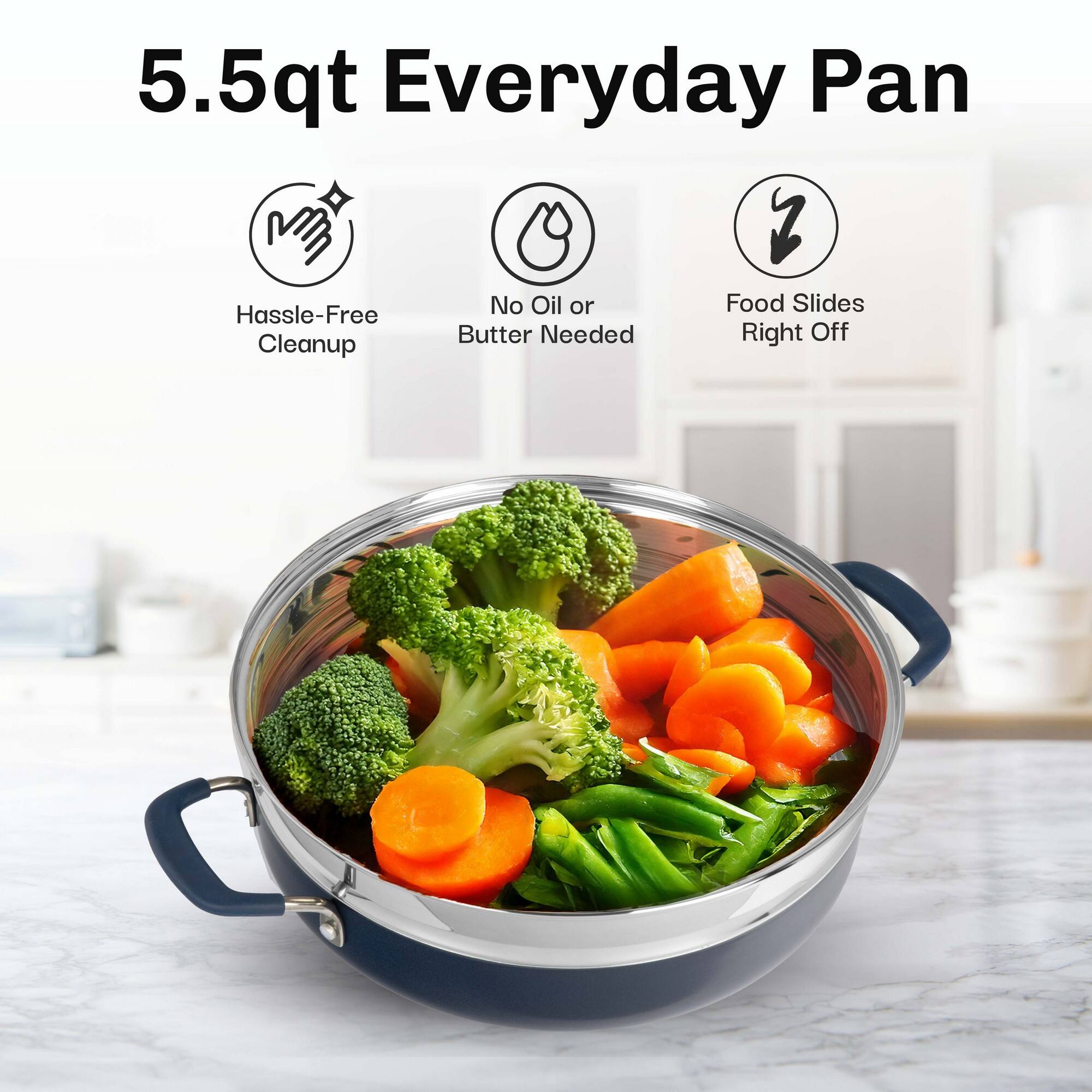 5.5qt Everyday Pan

- Hassle-Free Cleanup
- No Oil or Butter Needed
- Food Slides Right Off