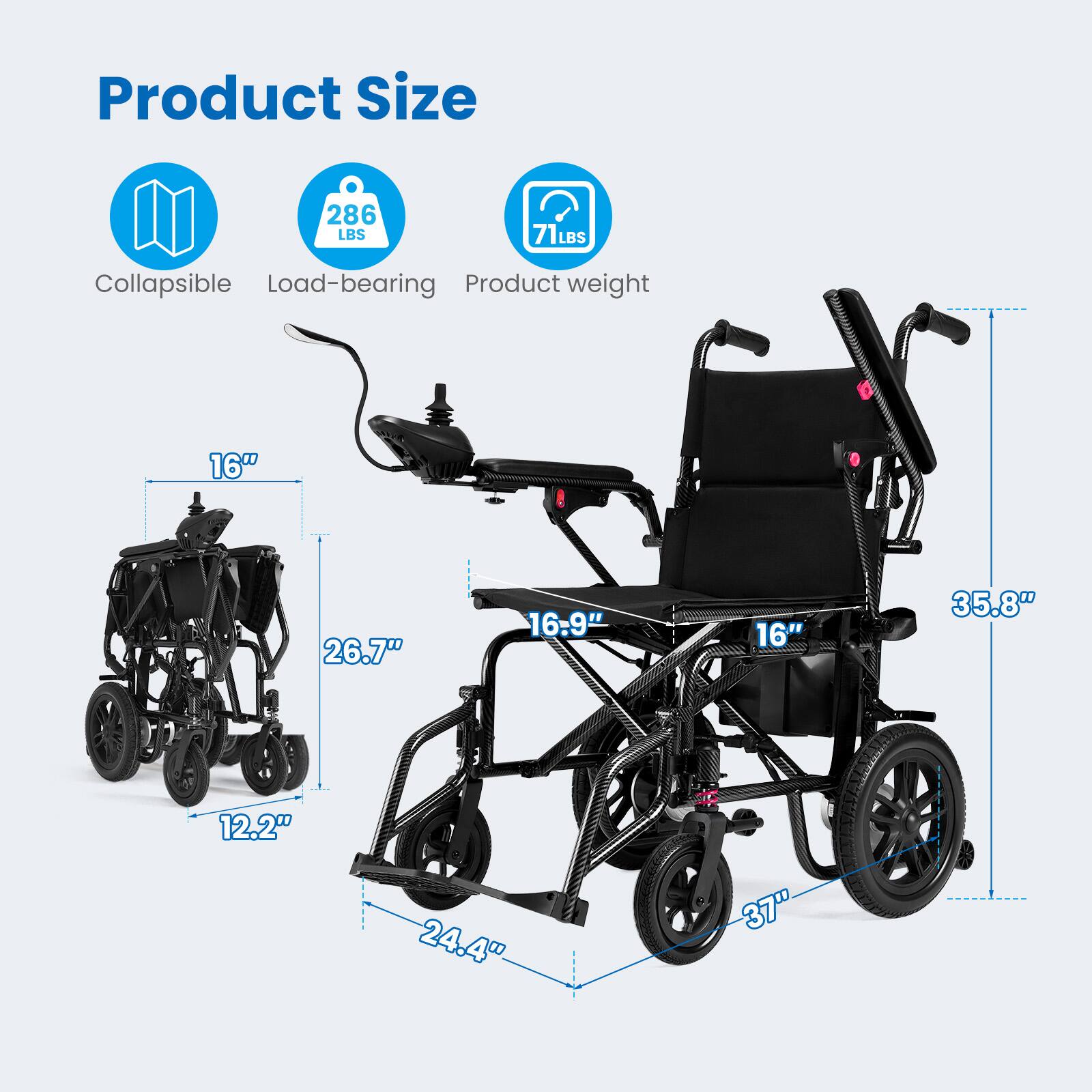 Product Size  
- Collapsible  
- Load-bearing: 286 LBS  
- Product weight: 71 LBS  

Dimensions:  
- 16"  
- 26.7"  
- 16.9"  
- 16"  
- 35.8"  
- 12.2"  
- 24.4"  
- 37"