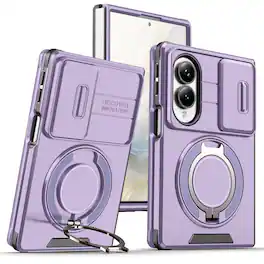 Dteck - for Samsung Galaxy Z Fold8 Case with Camera Slide Cover, Shockproof Rugged Phone Cover with Magnetic Rotate Ring Stand - Purple