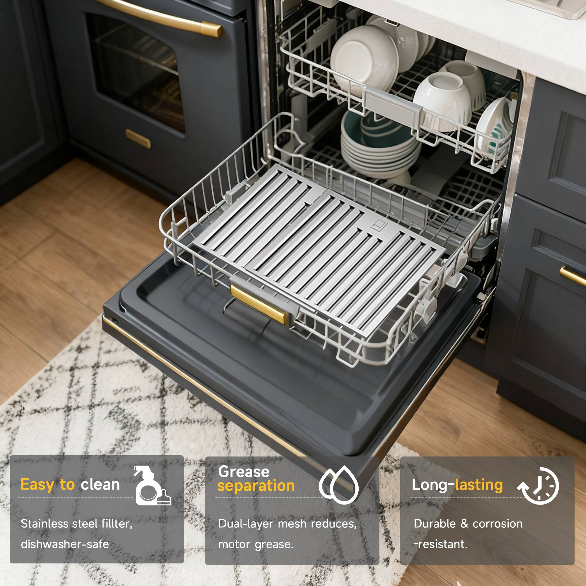 Easy to clean  
Stainless steel filter, dishwasher-safe  

Grease separation  
Dual-layer mesh reduces motor grease  

Long-lasting  
Durable & corrosion-resistant