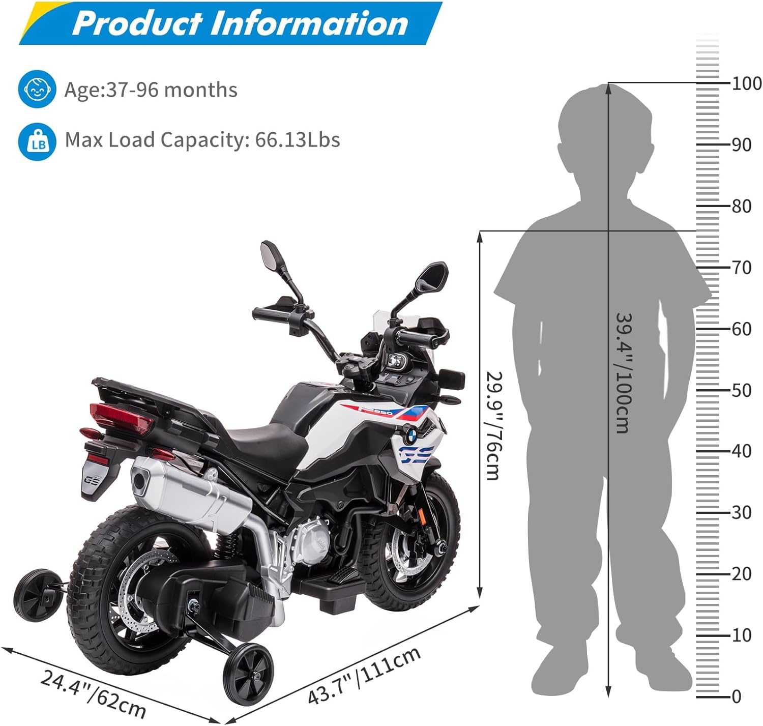 Product Information

- Age: 37-96 months
- Max Load Capacity: 66.13 Lbs

Dimensions:
- Height: 39.4" / 100 cm
- Width: 29.9" / 76 cm
- Length: 43.7" / 111 cm
- Seat Height: 24.4" / 62 cm