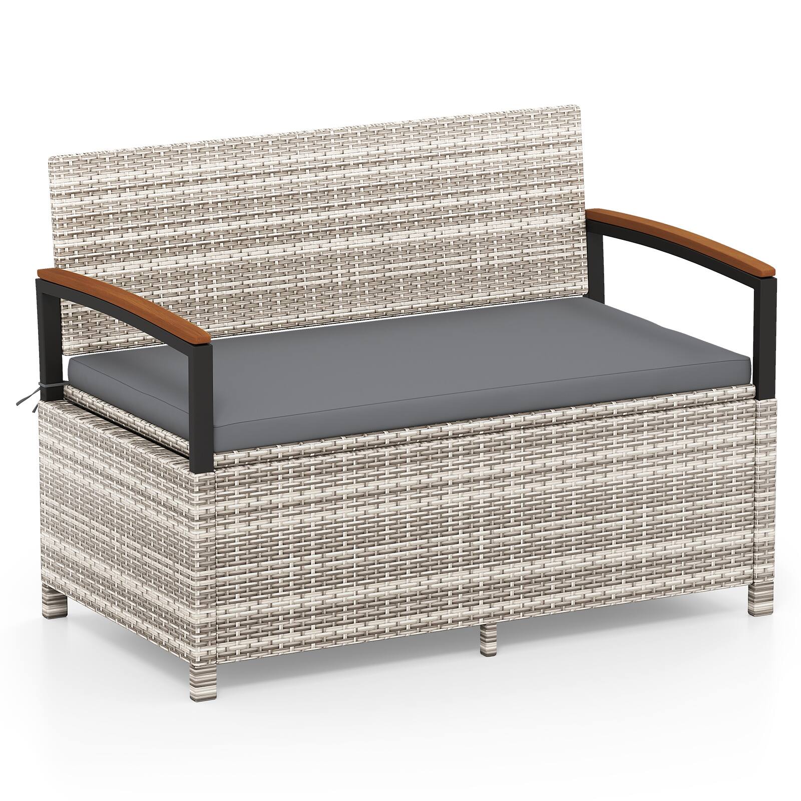 Alt View 9. Gymax - Gymax Outdoor Storage Bench w/Cushion Backrest & Acacia Wood Armrests Hidden Storage - Grey.