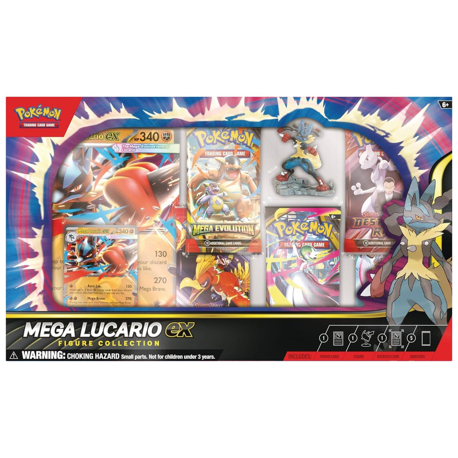 Pokémon Trading Card Game

1. R SAMI ex 110
   - The Mage Evolved Armor
   - 340

2. The Hage Fvalved A Pokémon Trading Card Game
   - 6+ up
   - Our Name was EX 340
   - 130 your discard like

3. Stan DES MEGA EVOLUTION
   - Pokémon K E -AR - IRA W CARO GAME
   - ADDTTONAL L our
   - 130

4. Mega Brave
   - MEGA LUCARIO ex
   - FIGURE COLLECTION
   - WARNING: CHOKING HAZARD Small parts. Not for children under 3 years.

INCLUDES: PRONO CARD, FIGURE, OVERSIZE CARD, BOOSTERS