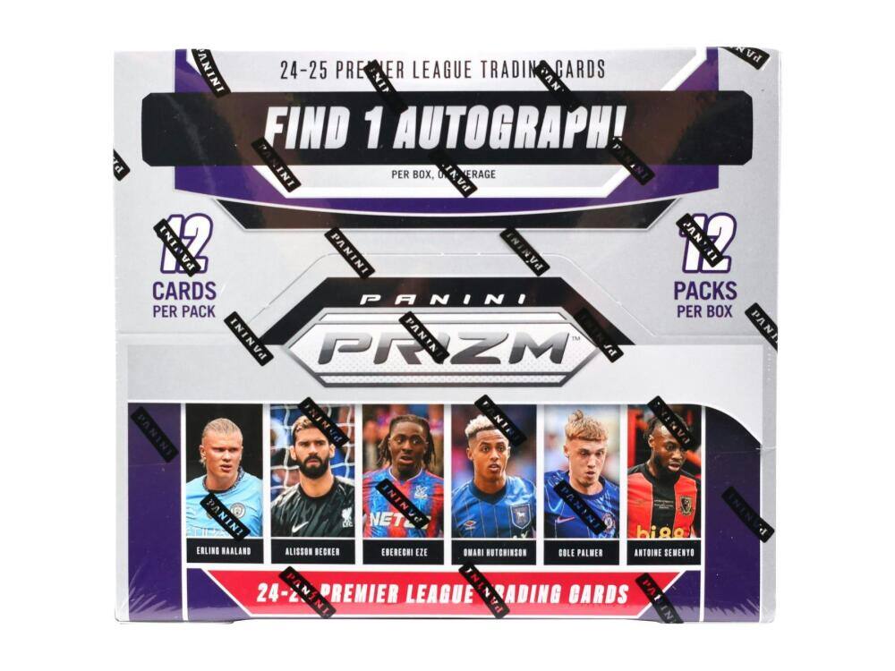 24-25 Premier League Trading Cards  
Find 1 Autograph!  
Panini Prizm  
Cards per Pack  
Packs per Box  
24-25 Premier League Trading Cards  
Erling Haaland  
Alisson Becker  
Ebere Eze  
Omar Hutchinson  
Gole Palwer  
Antoine Semenyo