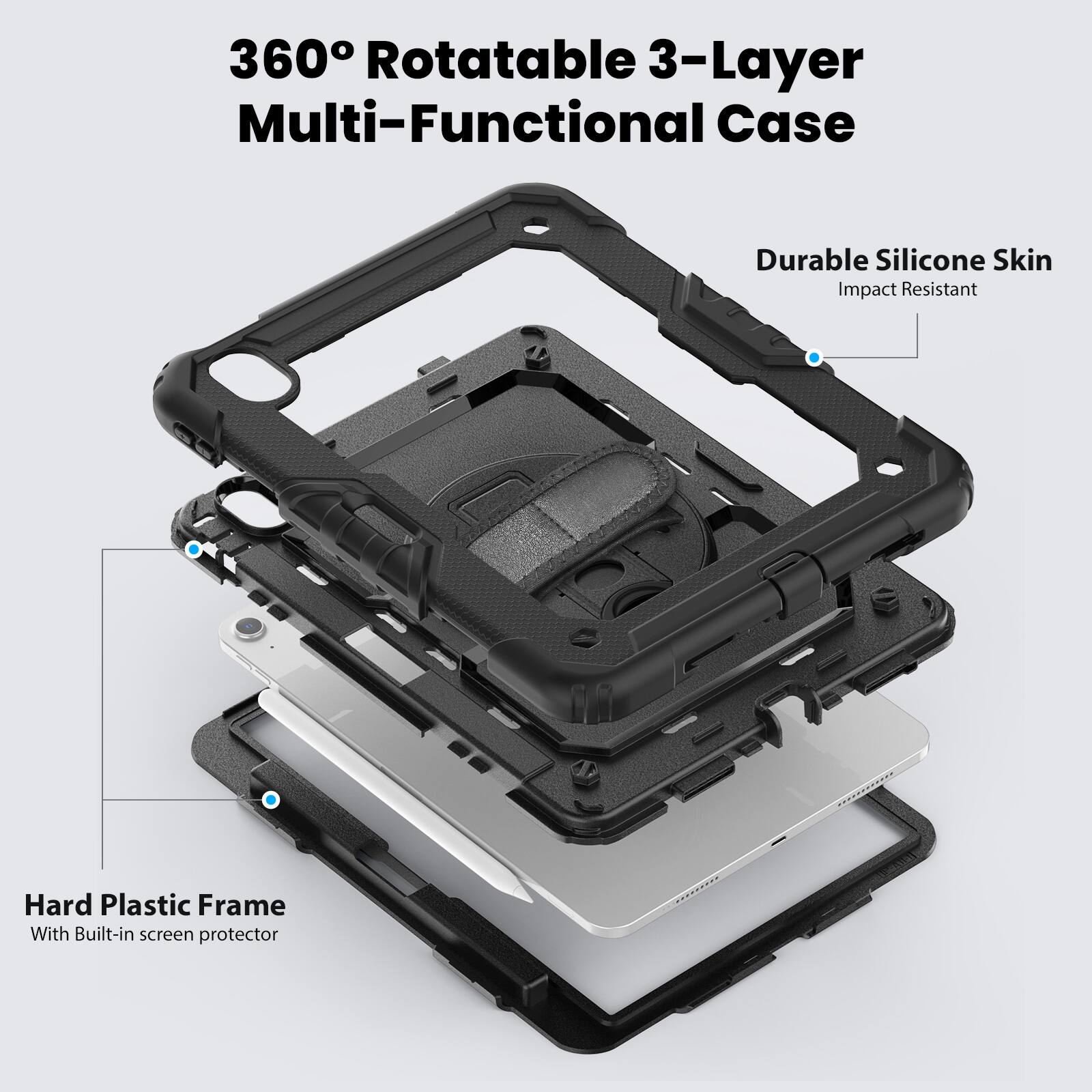 360° Rotatable 3-Layer Multi-Functional Case

Durable Silicone Skin
Impact Resistant

Hard Plastic Frame
With Built-in screen protector