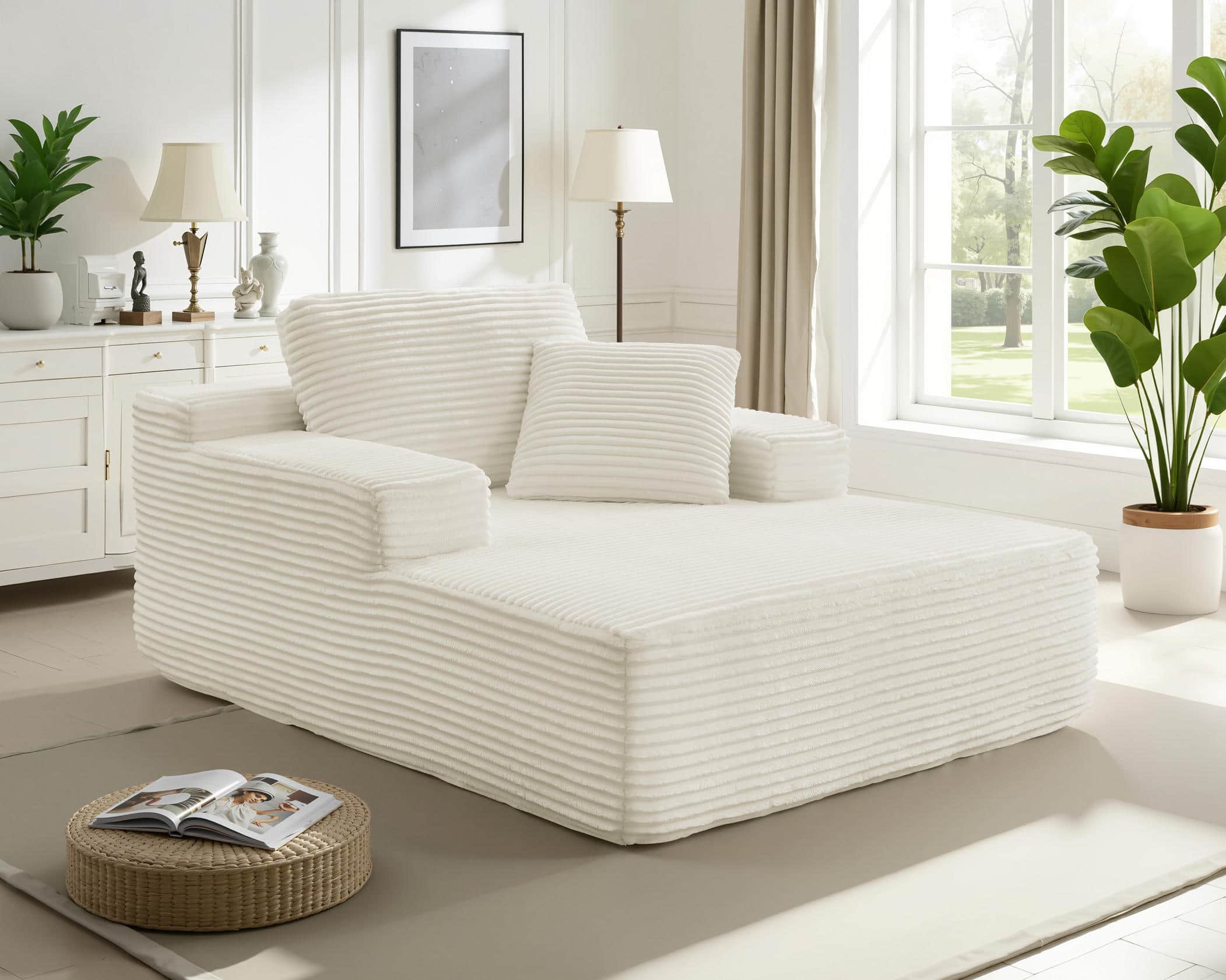 Front. Meqiodas - 67.5”Oversized Indoor Chaise Lounge, Sofa Bed, Living Room Sofa, Corduroy Upholstered Boneless Cloud Sofa, No Assembly - Beige.