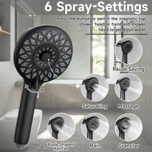6 Spray-Settings  
Press the button to switch the magnetic top shower head or handheld shower head to send out water  

Pause Saving  
Saturating  
Massage  
Blade-shaped Rainfall  
Rain  
Granular