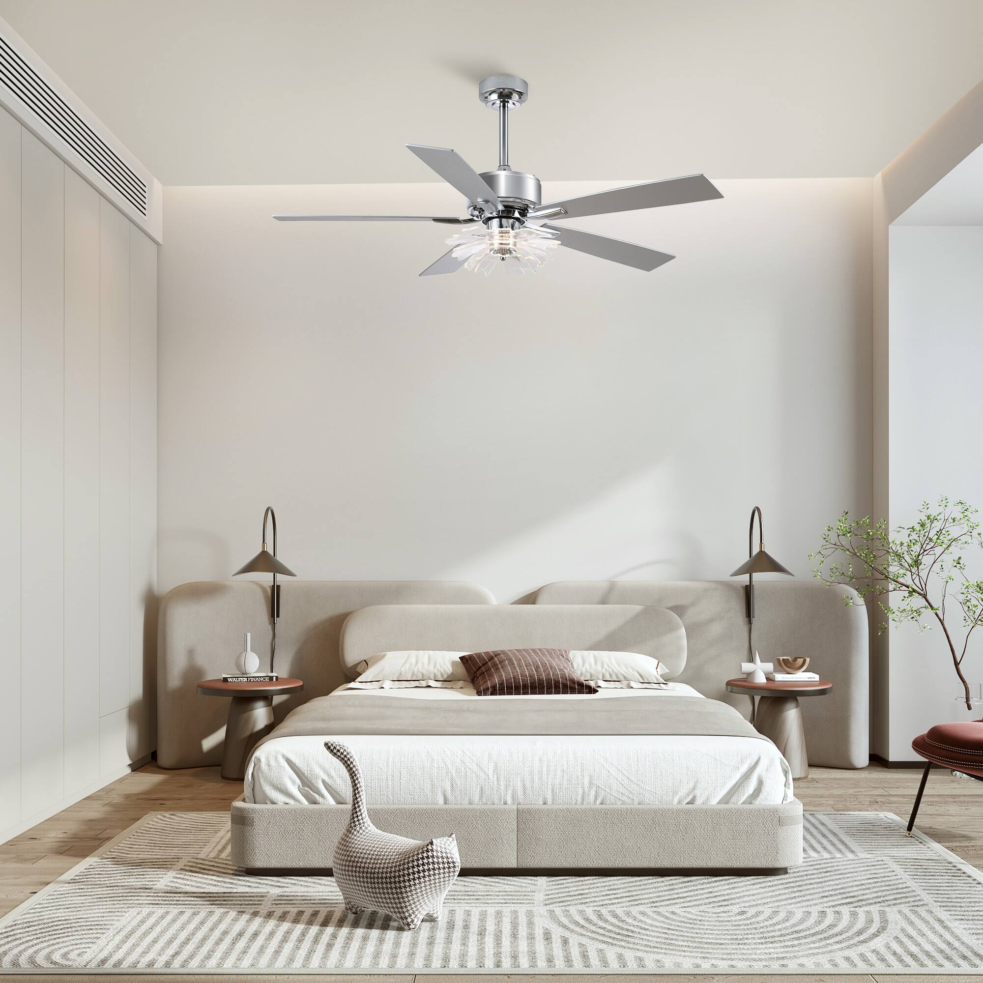 Back. Parrot Uncle - 52"Modern Chrome LED Ceiling Fan with Remote and Light Guide Plate Design - Chrome.