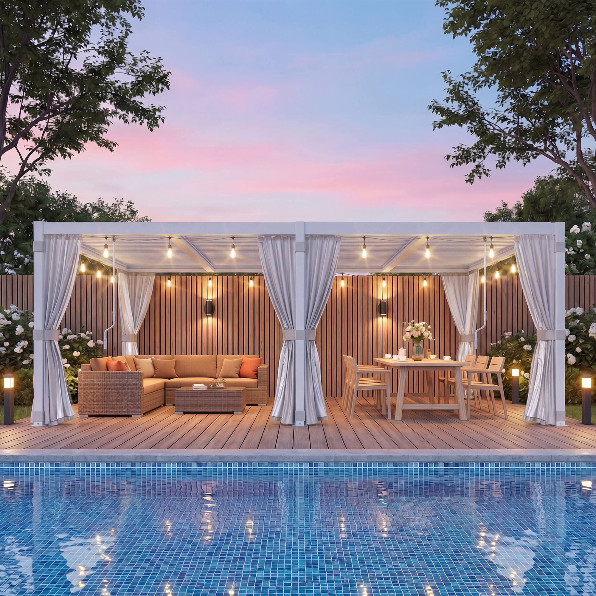 Angle. U-HOMY - 12x20 Outdoor Pergola, Louvered Pergola with Adjustable Aluminum Rainproof Roof for Patio, Backyard, Pool party - White.