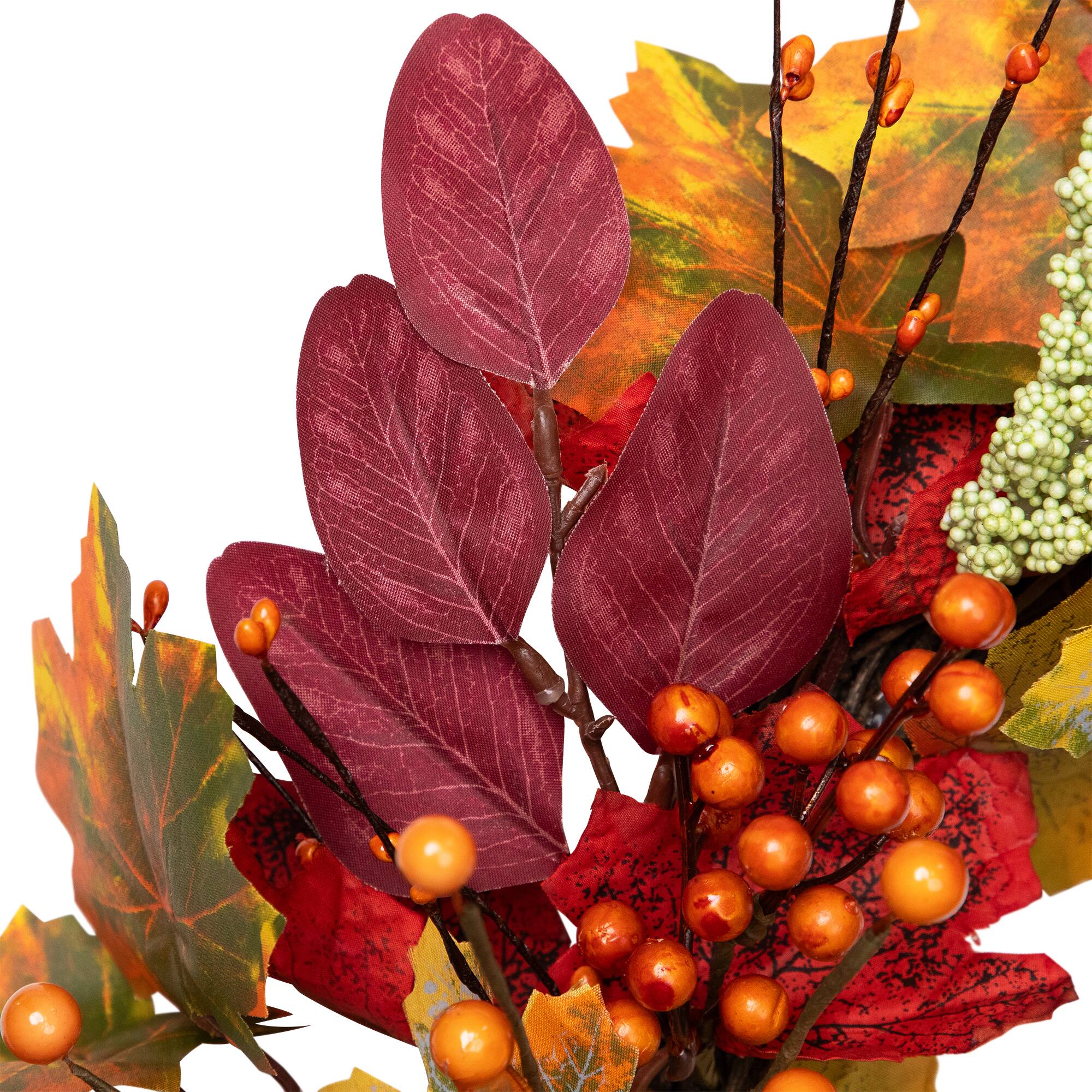 Alt View 9. Northlight - Leaves and Berries Artificial Fall Harvest Wreath - 20" - Red.