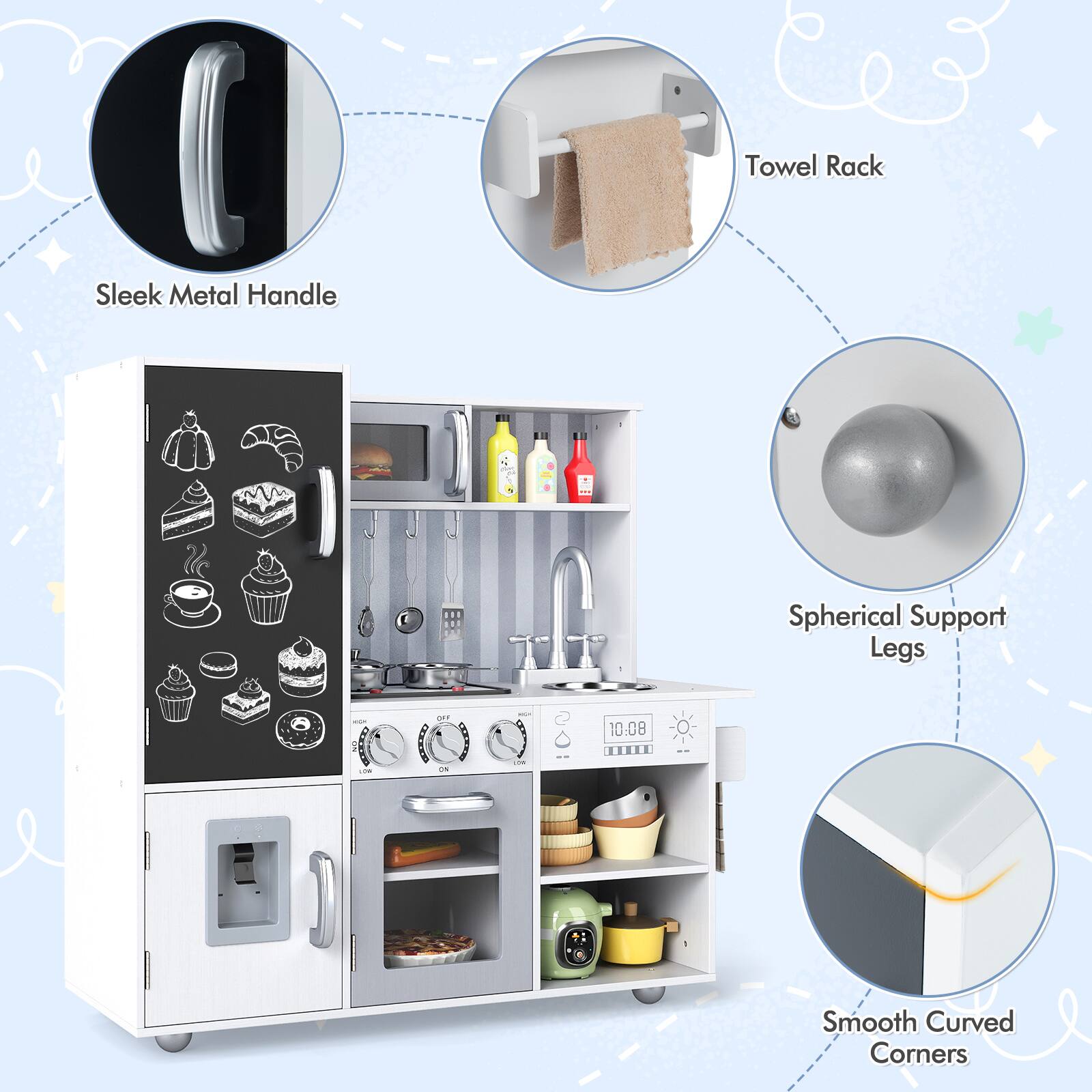 Towel Rack  
Sleek Metal Handle  
Spherical Support Legs  
Smooth Curved Corners