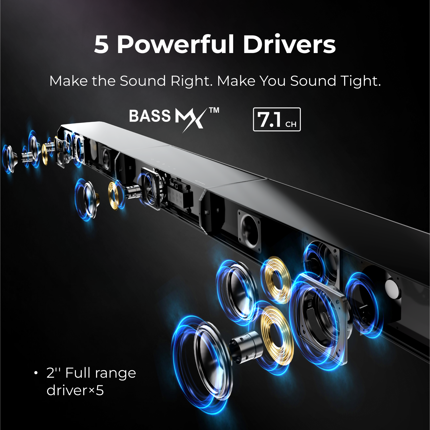 5 Powerful Drivers  
Make the Sound Right. Make You Sound Tight.  

BASS MX™  
7.1 CH  

• 2" Full range driverx5