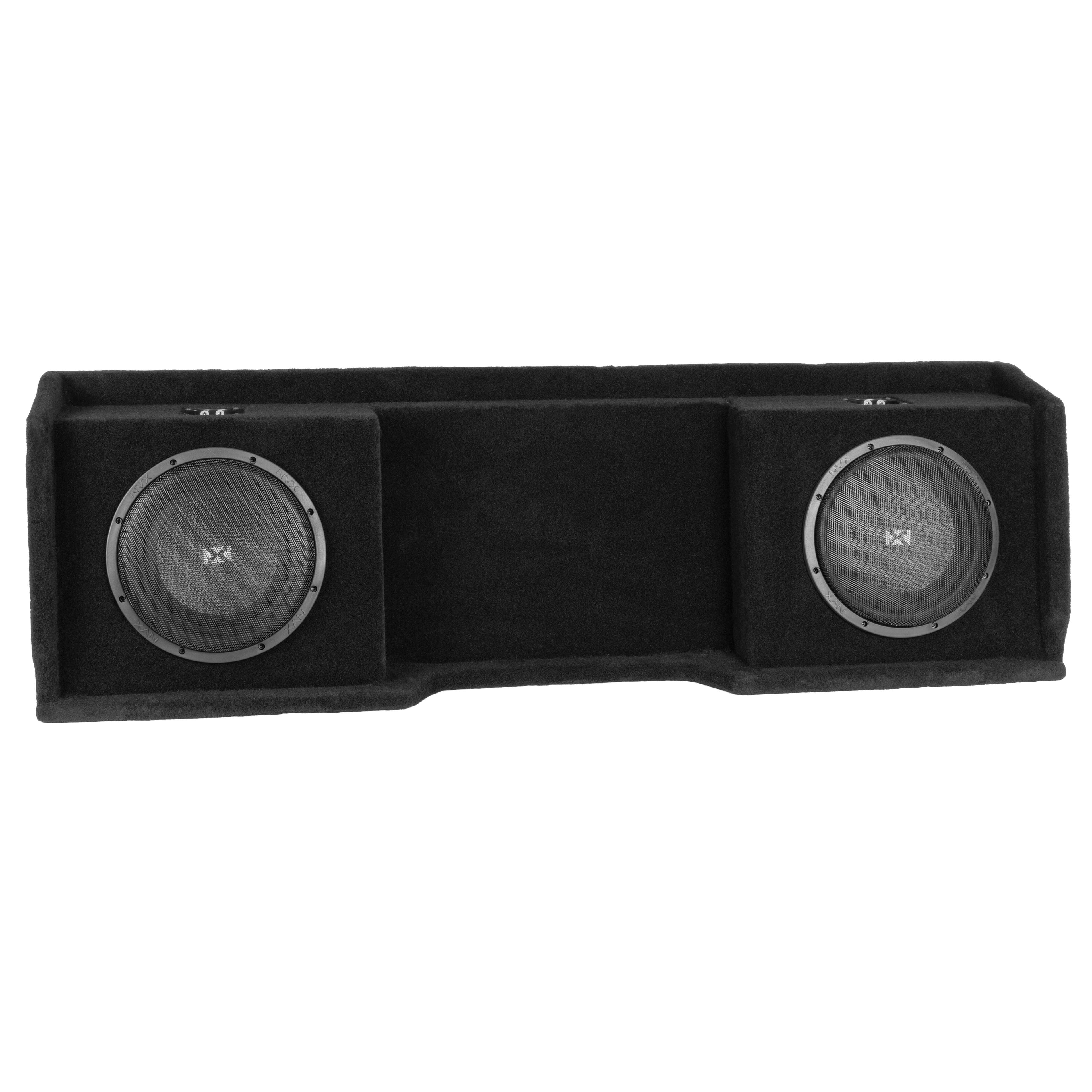 Angle. NVX - Custom Fit 700W RMS Dual 10in Sealed Loaded Down Firing Subwoofer Enclosure for 1999-2006 Chevrolet Silverado and GMC.