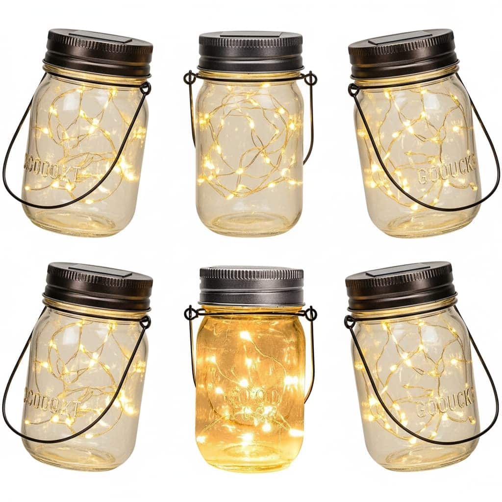 FINEAK - 6 Pack 5.4” 30LED Solar Mason Jar Lights - Outdoor Waterproof Hanging Lanterns - Warm White