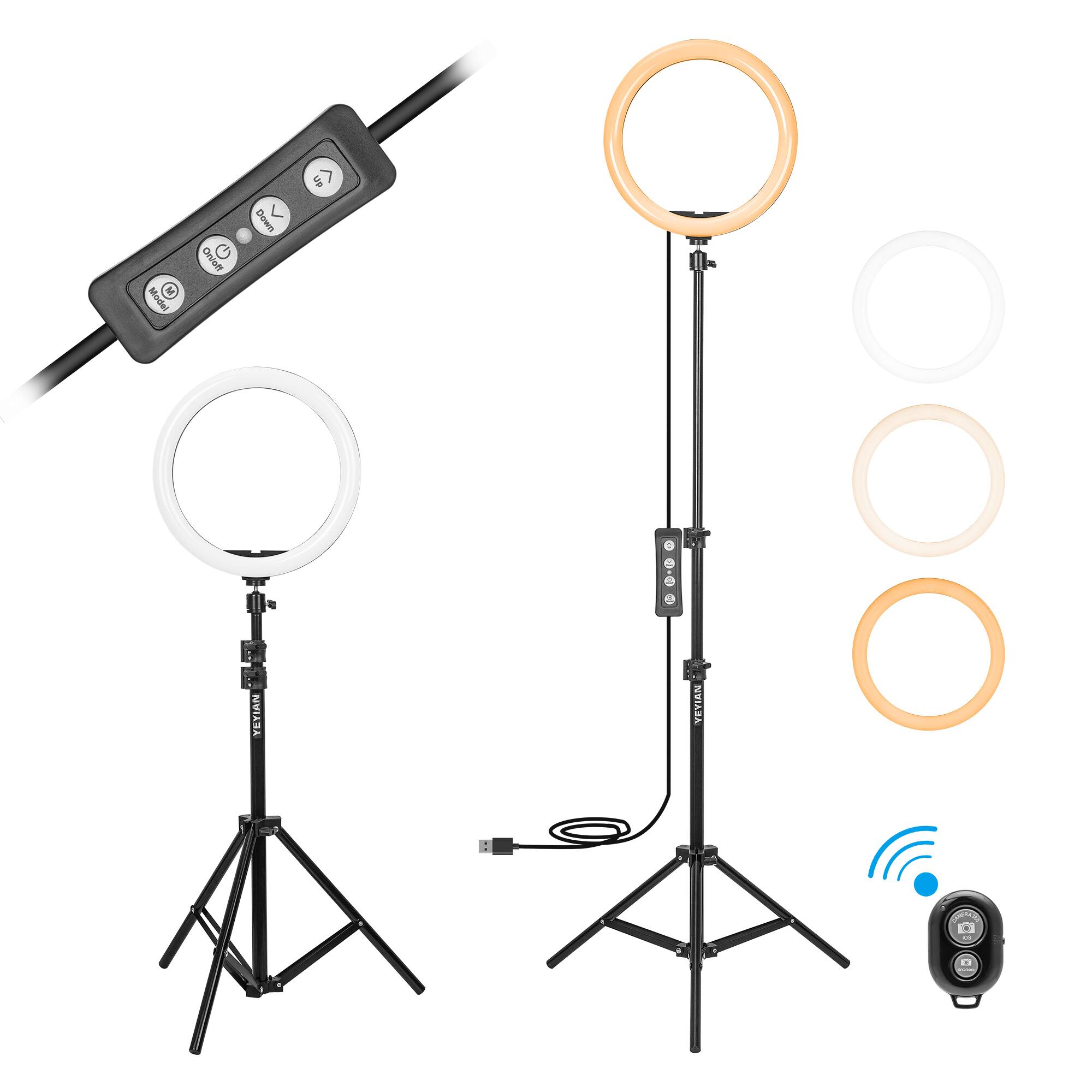 Model: Onott

Features:
- 2 x LED Ring Light
- 1 x Wireless Remote Control
- 1 x USB Power Adapter
- 4 x Color Filters (2 x Clear, 1 x Orange, 1 x Beige)
- 1 x Tripod Stand

Controls:
- Power
- Dim
- Color
- Mode
- Up/Down

Connectivity:
- Wireless Control

Brand: Onott