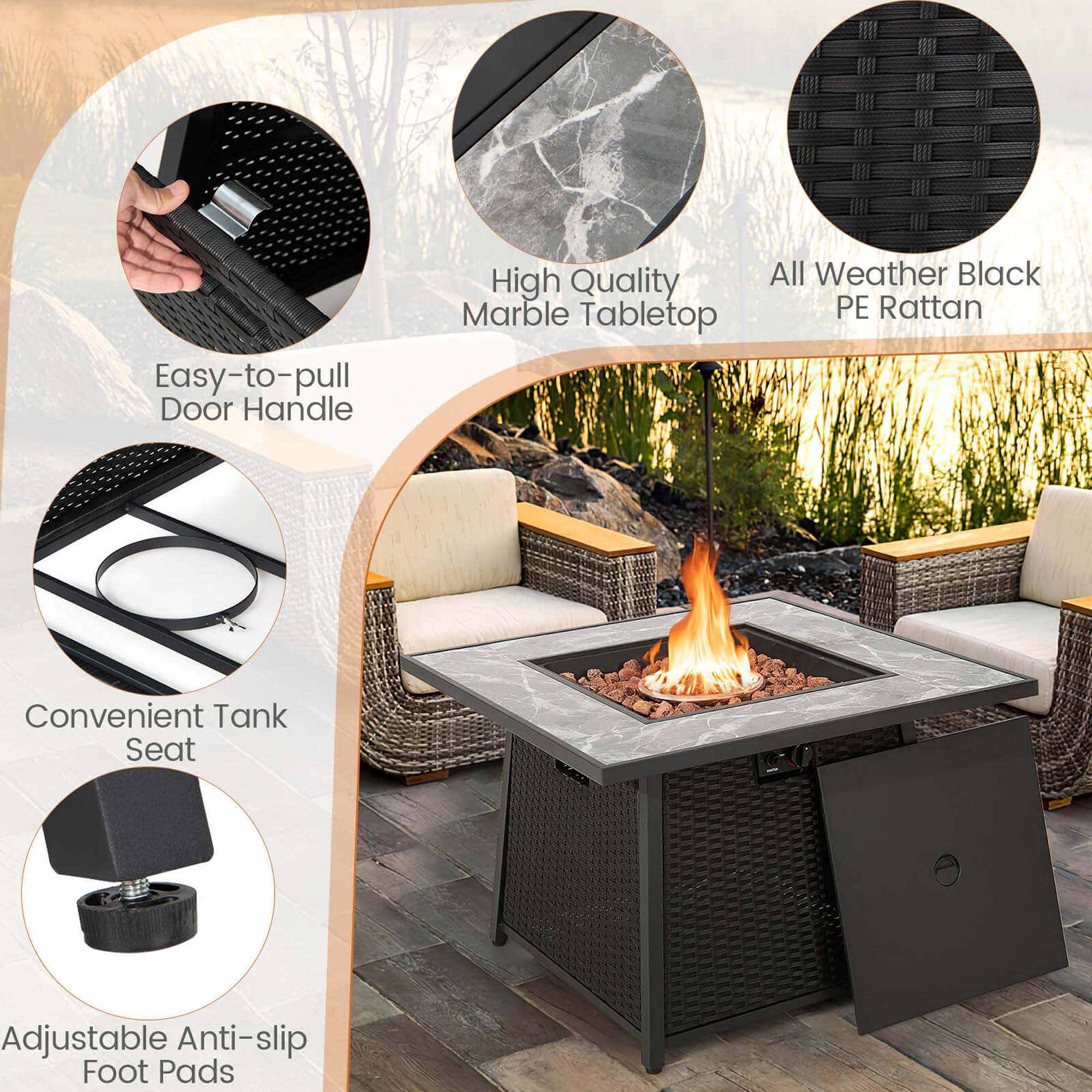 The text on the image is grouped and corrected as follows:

1. Easy-to-pull Door Handle
2. High Quality Marble Tabletop
3. All Weather Black PE Rattan
4. Convenient Tank Seat
5. Adjustable Anti-slip Foot Pads