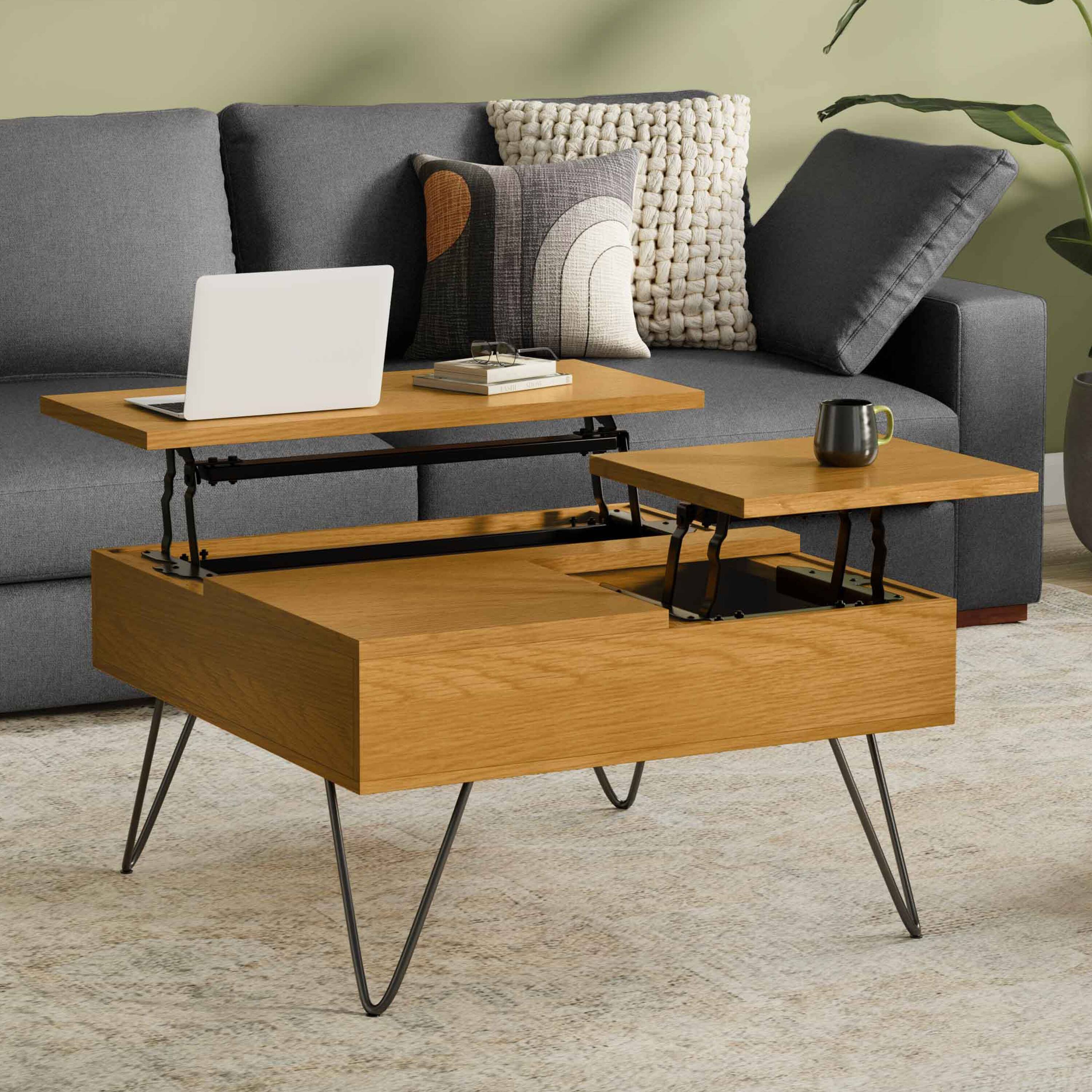 Angle. Simpli Home - Hunter 32 inch Wide Solid Wood Lift Top Square Coffee Table in Oak - Oak.