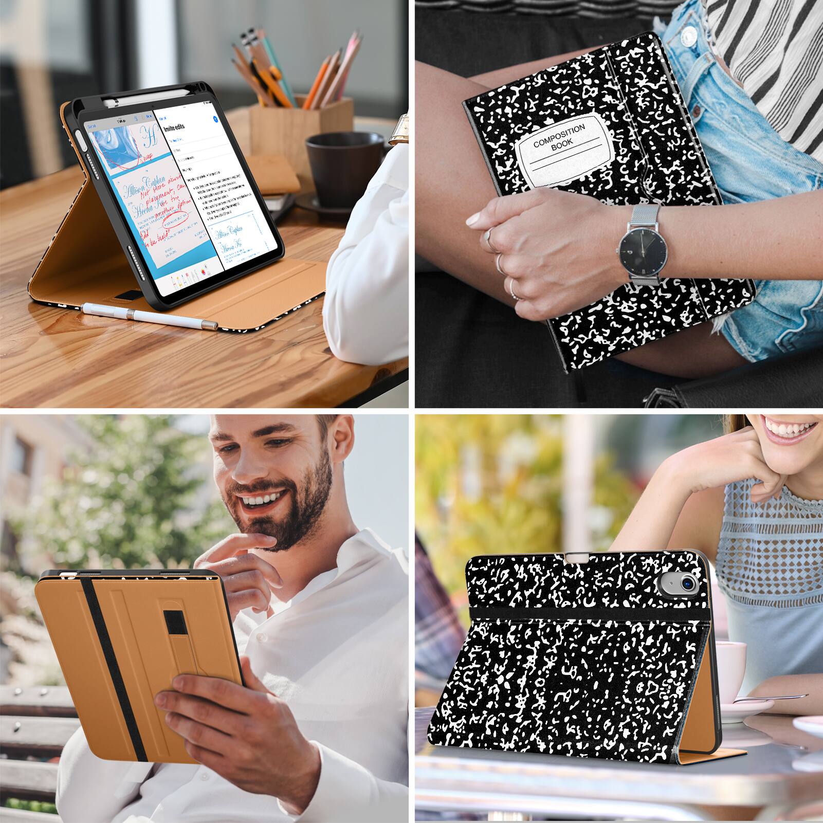 Certainly! Here is the corrected and grouped text from the image:

**Top Left:**
- "Composition Book"

**Top Right:**
- "Composition Book"

**Bottom Left:**
- "Composition Book"

**Bottom Right:**
- "Composition Book"