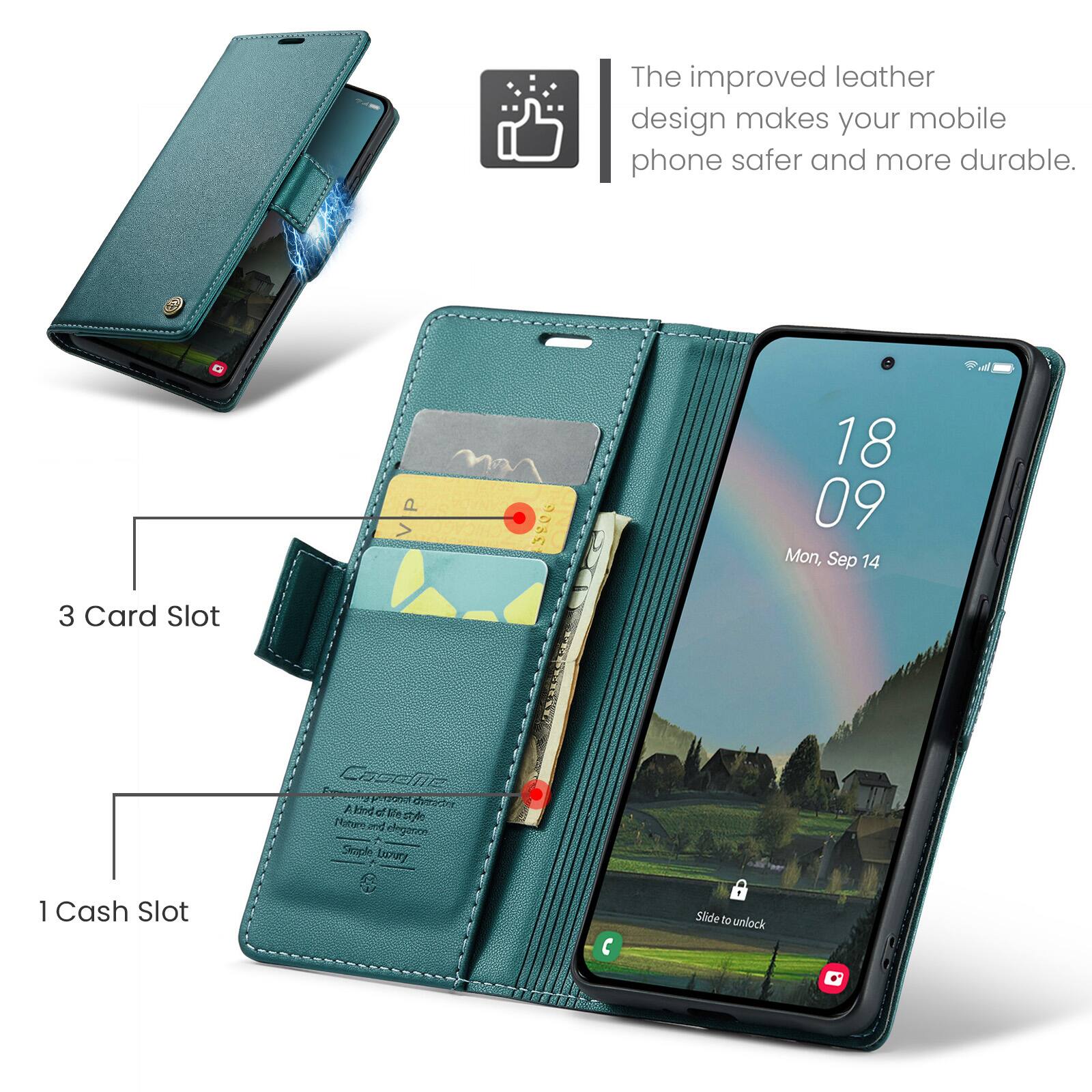 The improved leather design makes your mobile phone safer and more durable.

3 Card Slot

1 Cash Slot

18 09 Mon, Sep 14

Caseme BREADY character Akind dilleste Potature of elegence Stople Lioury

Slide to unlock