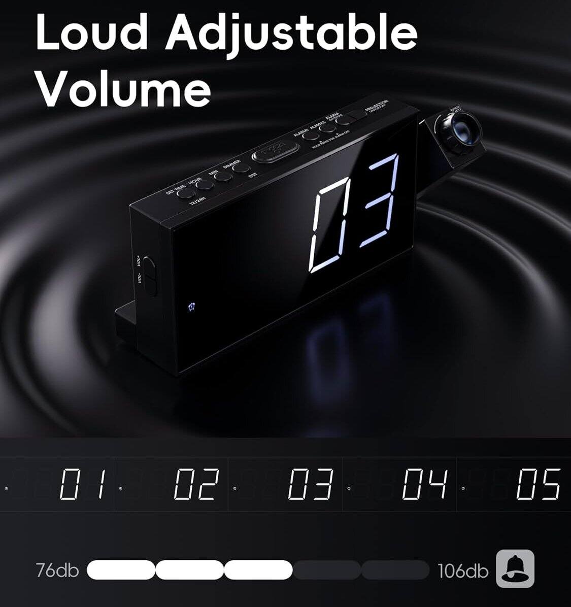 Back. Dazzed Corner - Digital Projector Alarm Clocks,Plug-in Clock,Battery Backup,USB Charging Port - Black.