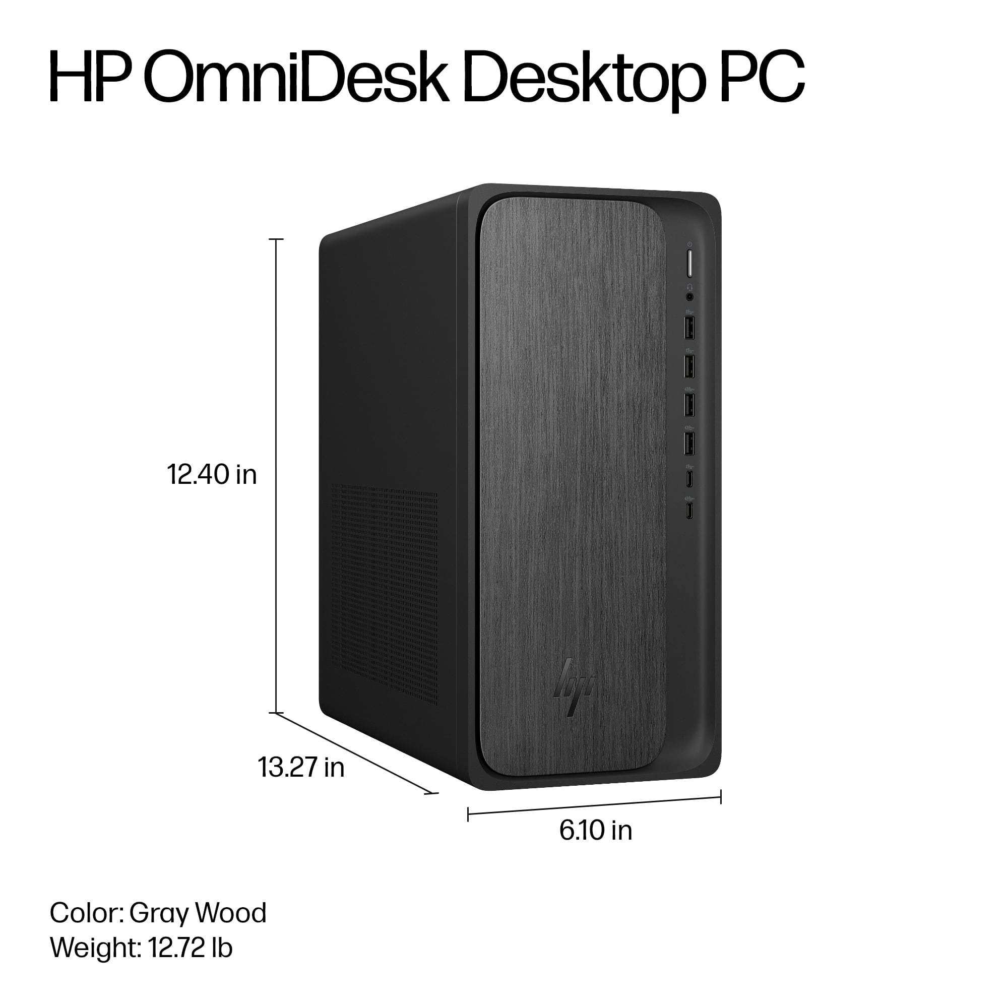 HP OmniDesk Desktop PC measures 12.40 inches in height and 13.27 inches in width. The color of the PC is gray wood, and it weighs 12.72 pounds.