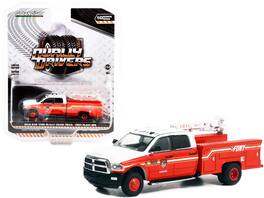Greenlight - 2018 Ram 3500 Dually Crane Truck Red White Stripes FDNY Plant Ops Dually Drivers Series 10 1/64 - Red And White
