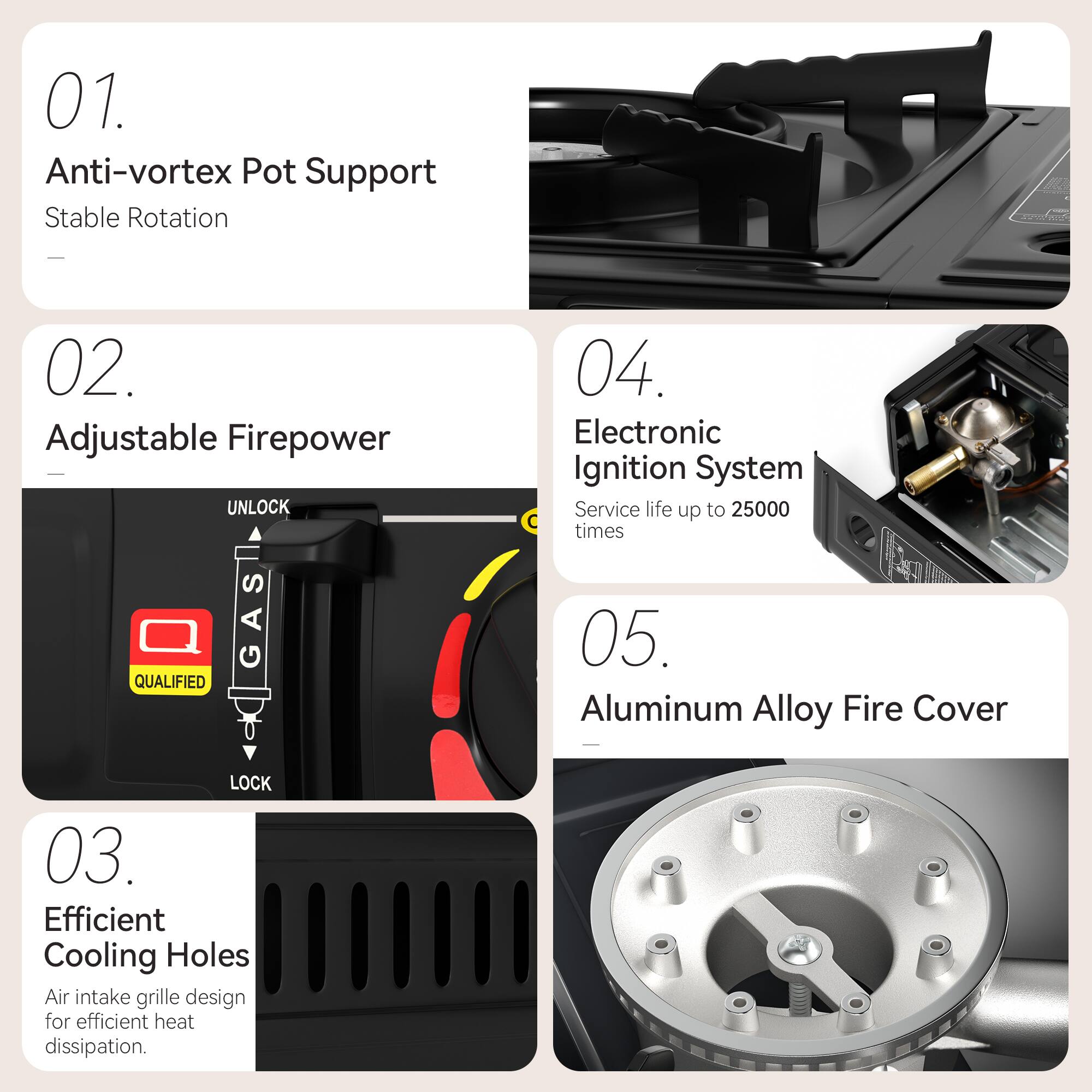 01. Anti-vortex Pot Support  
Stable Rotation  

02. Adjustable Firepower  

03. Efficient Cooling Holes  
Air intake grille design for efficient heat dissipation.  

04. Electronic Ignition System  
Service life up to 25000 times  

05. Aluminum Alloy Fire Cover