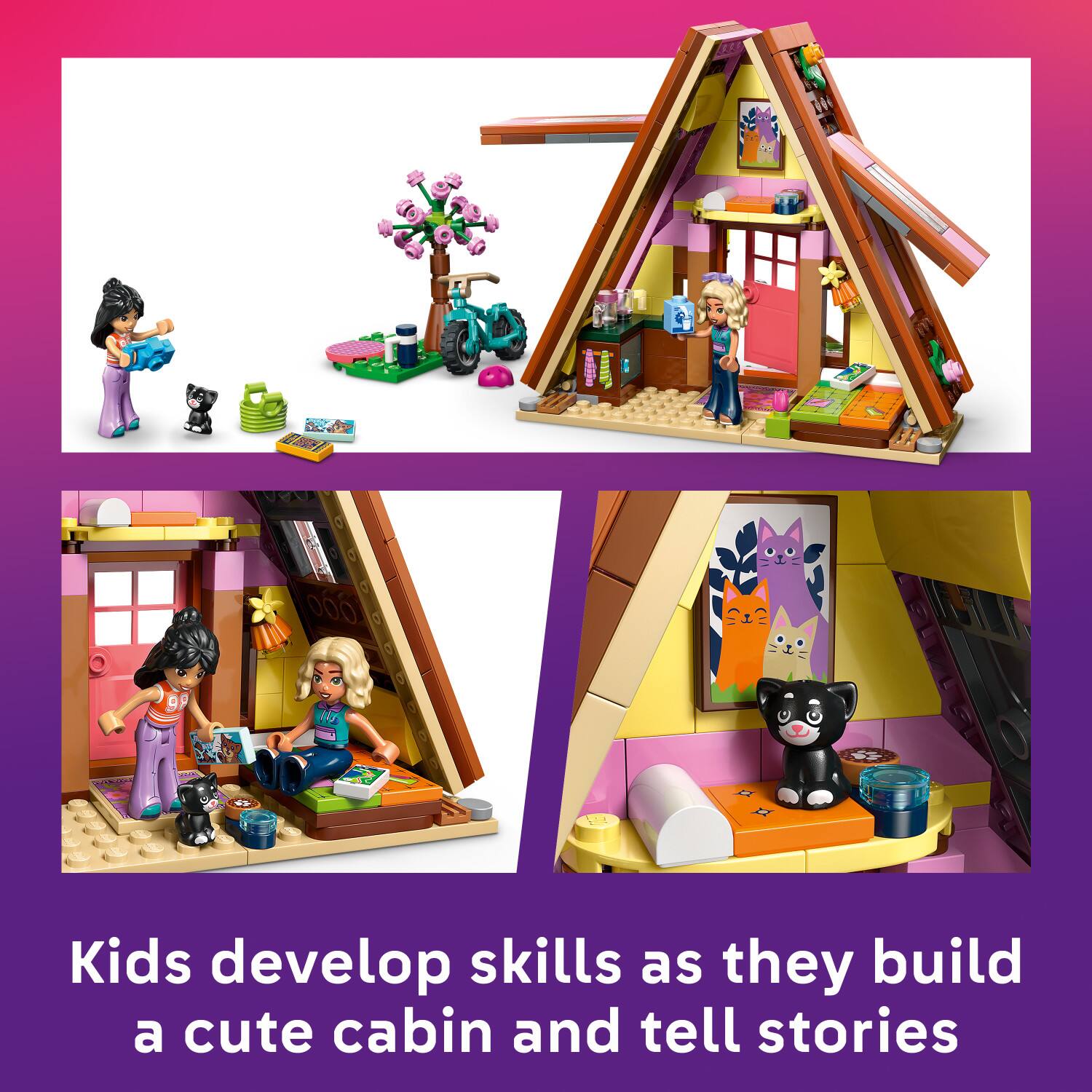 Kids develop skills as they build a cute cabin and tell stories