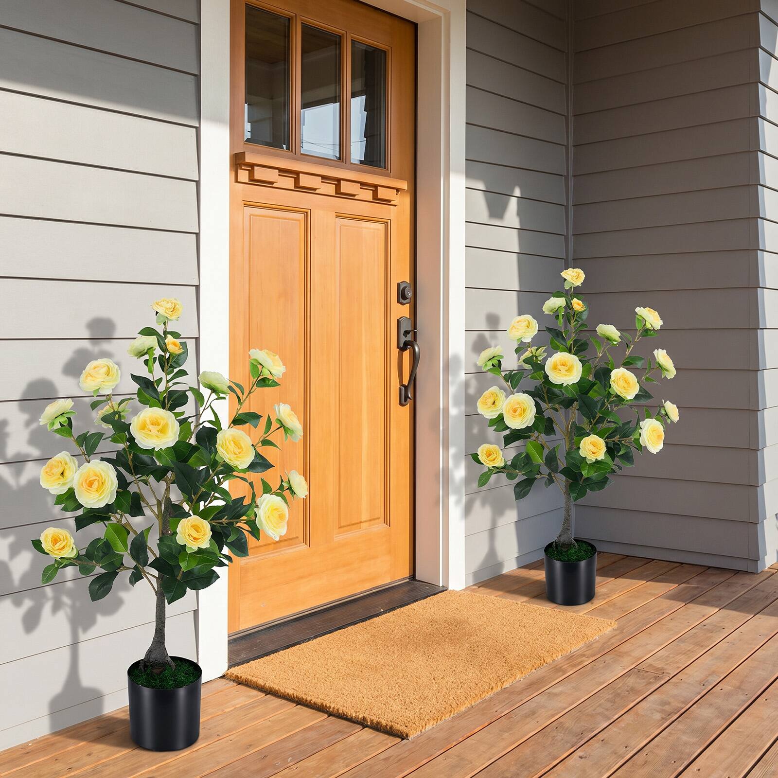 Alt View 3. Costway - Costway Artificial Camellia Tree, Faux Flower Plant in Cement-Filled Pot, Indoor Outdoor - Yellow,Green.