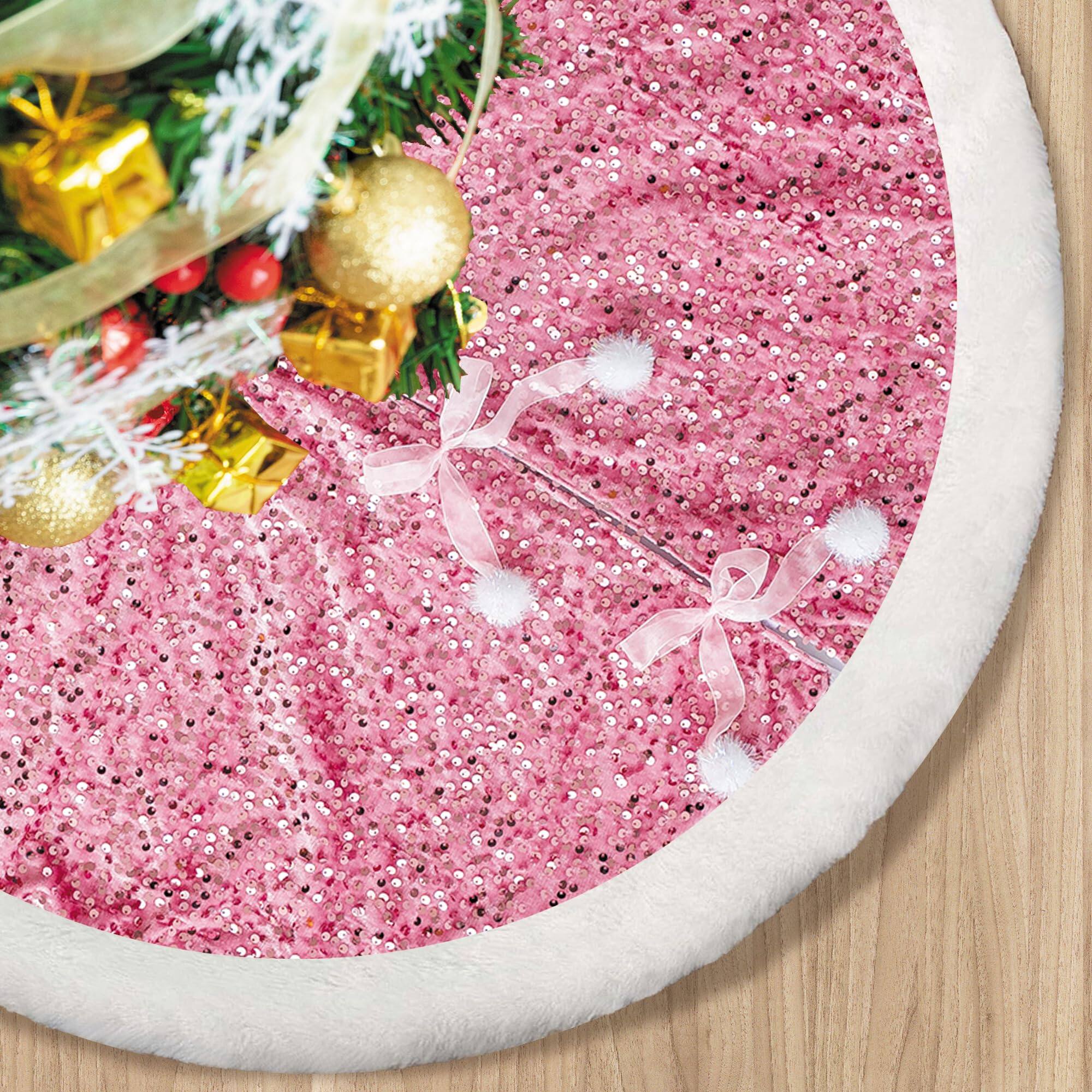 Paradigms Interiors - Christmas Tree Skirt Sparkly With Faux Plush Decorations Base Mat Thick Rugs For Xmas Party Home Decor - Hot Pink