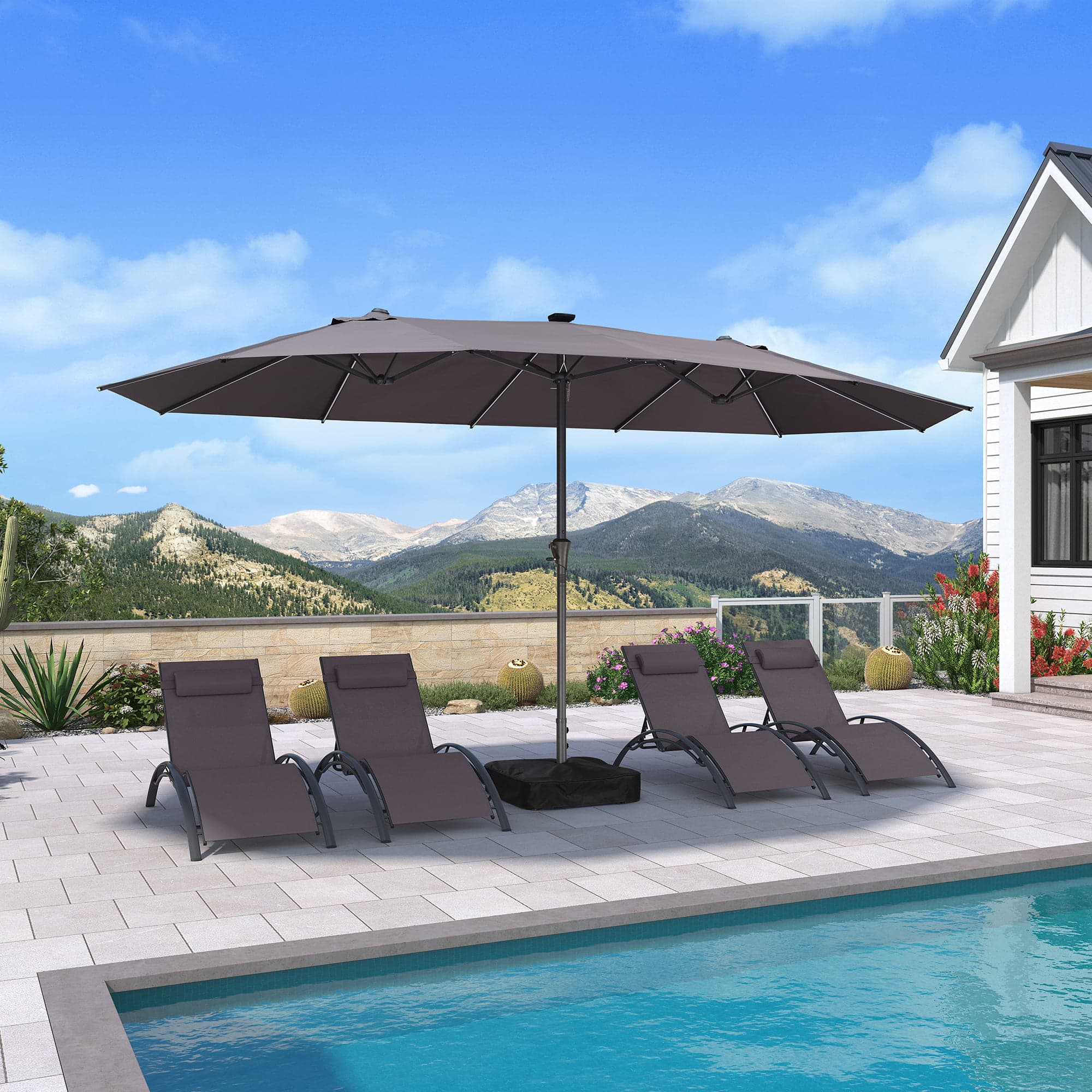 Alt View 1. PURPLE LEAF - 15 ft. Patio Market Umbrella with Solar LED and Base Double-Sided Outdoor Table Sun Umbrellas for Pool Deck Backyard - Gray.