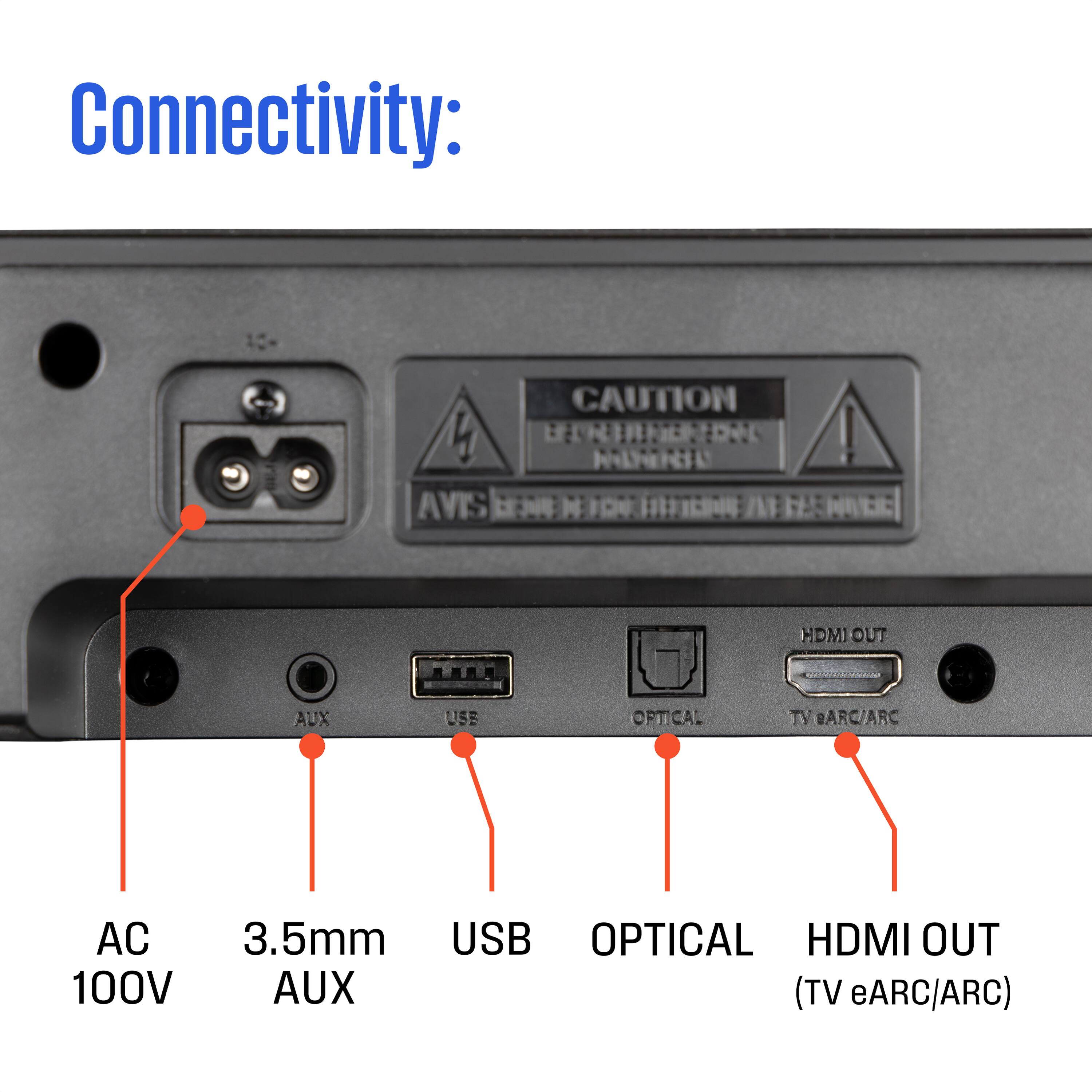 Connectivity:  
CAUTION  
AC 100V  
3.5mm AUX  
USB  
OPTICAL  
HDMI OUT (TV eARC/ARC)