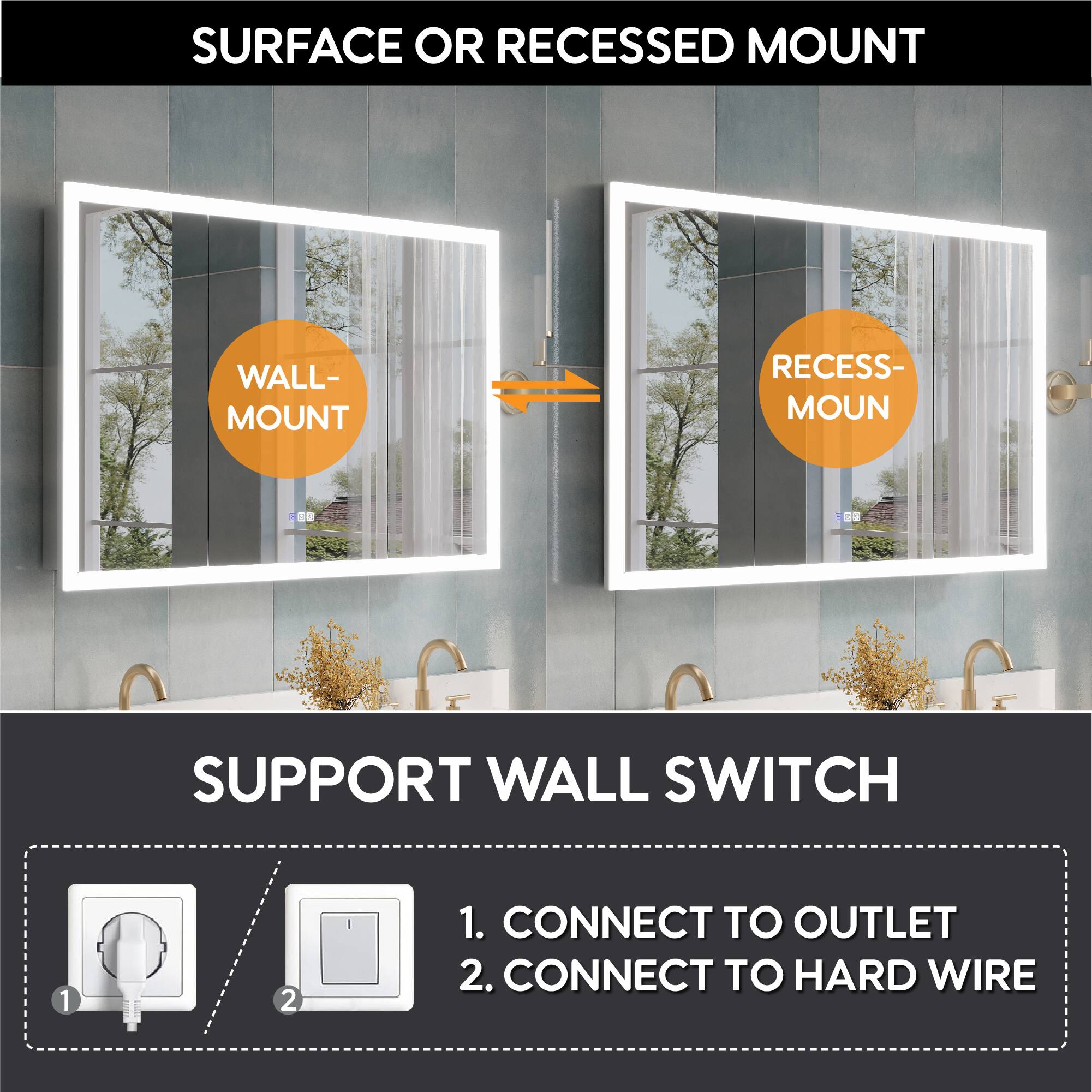 SURFACE OR RECESSED MOUNT

WALL-MOUNT

RECESS-MOUNT

SUPPORT WALL SWITCH

1. CONNECT TO OUTLET

2. CONNECT TO HARD WIRE