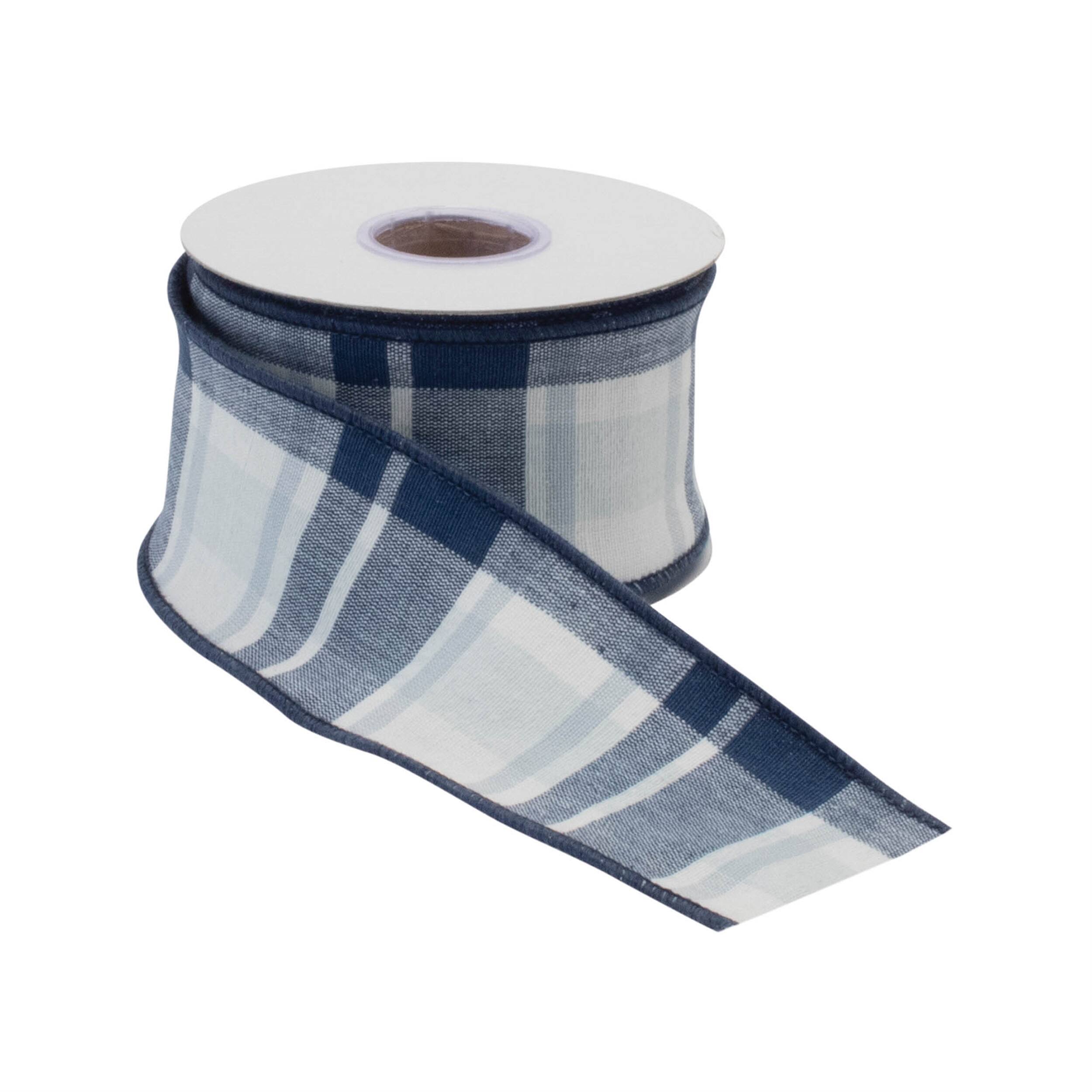 Angle. BreeBe - Navy Blue and White Plaid Wired Ribbon (Set of 2) - Blue, White.
