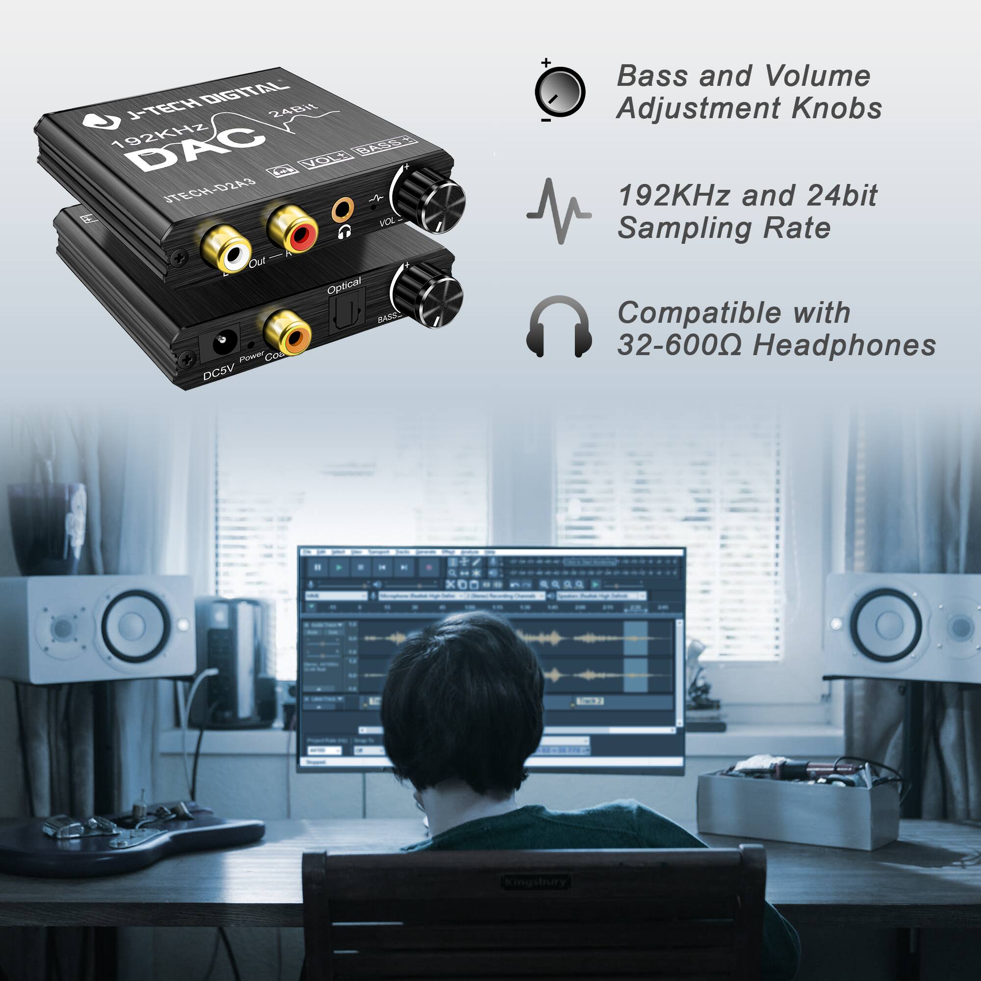 **J-TECH DIGITAL**  
**192KHz DAC**  
**J-TECH-D2A3**  
**24BIT**  
**VOL**  
**BASS**  
**Optical**  
**BASS**  
**DC5V**  
**Power**  
**Col**  

**Bass and Volume Adjustment Knobs**  
**192KHz and 24bit Sampling Rate**  
**Compatible with 32-6000Ω Headphones**  

**DIGITAL J-TECH 248 192KHz DAC BAU YON STECH-D2A3 VOL Out Optical RAK Power Col DCSV + Bass and Volume Adjustment Knobs 192KHz and 24bit Sampling Rate Compatible with 32-6000 Headphones Kingshury**