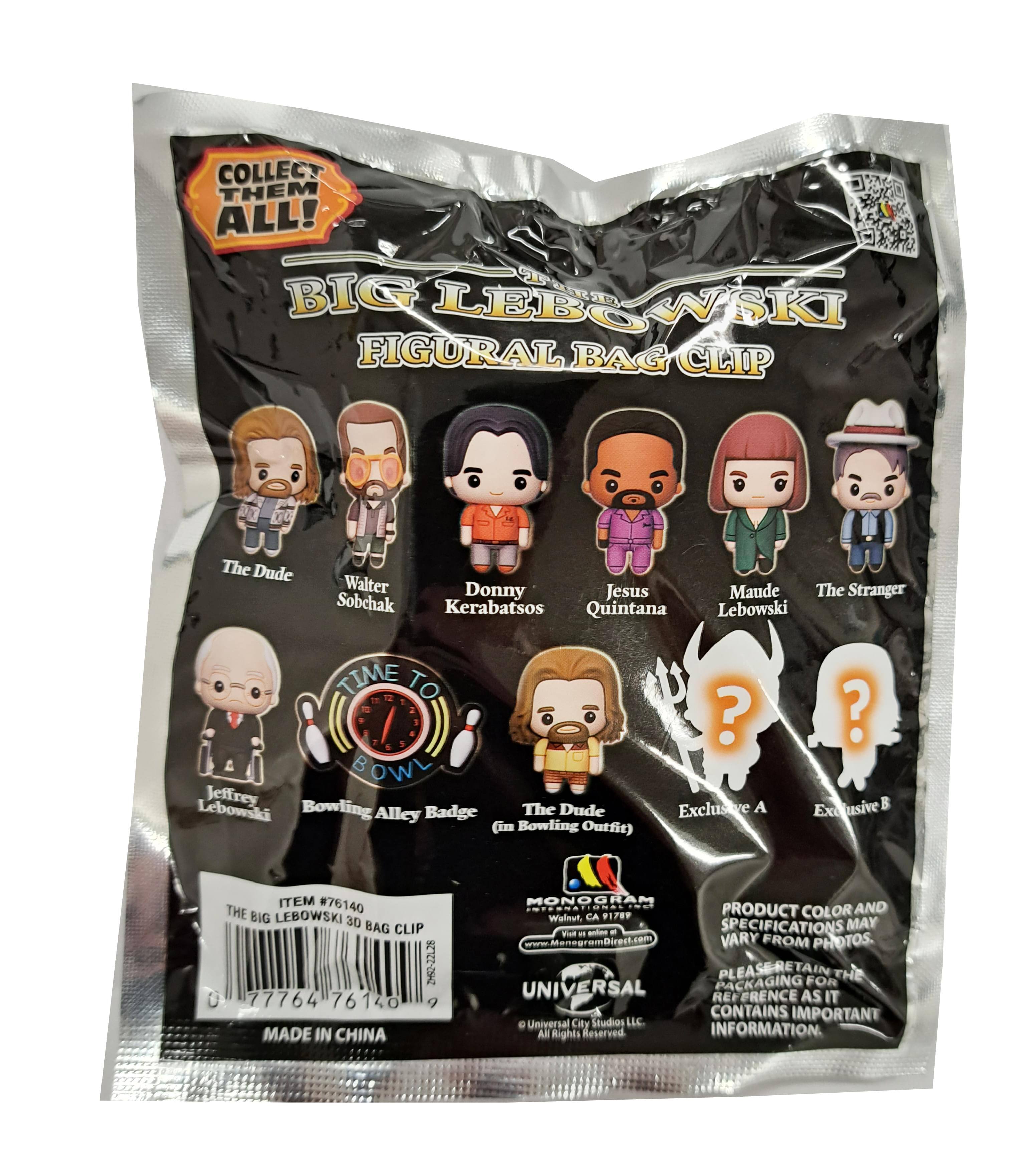 Sure, here is the corrected and grouped text from the image:

---

**COLLECT THEM ALL!**

**BIG LEBOWSKI FIGURAL BAG CLIP**

- The Dude
- Walter
- Donny
- Jesus
- Kerabatsos
- Quintana
- Maude
- The Stranger
- Jeffrey Lebowski
- Bowling Alley Badge
- The Dude (in Bowling Outfit)

**Exclusive A**
**Exclusive B**

**ITEM #76140**
**THE BIG LEBOWSKI 3D BAG CLIP**
**22-22L28 U 77764 76140**

**MADE IN CHINA**

**MONOGRAM**
**PRODUCT COLOR AND SPECIFICATIONS MAY VARY FROM PHOTOS. PLEASE RETAIN THE UNIVERSAL PACKAGING FOR REFERENCE AS IT CONTAINS IMPORTANT INFORMATION.**

**UNIVERSAL**
**© Universal City Studios LLC All Rights Reserved.**

---

This text is grouped and corrected for clarity.