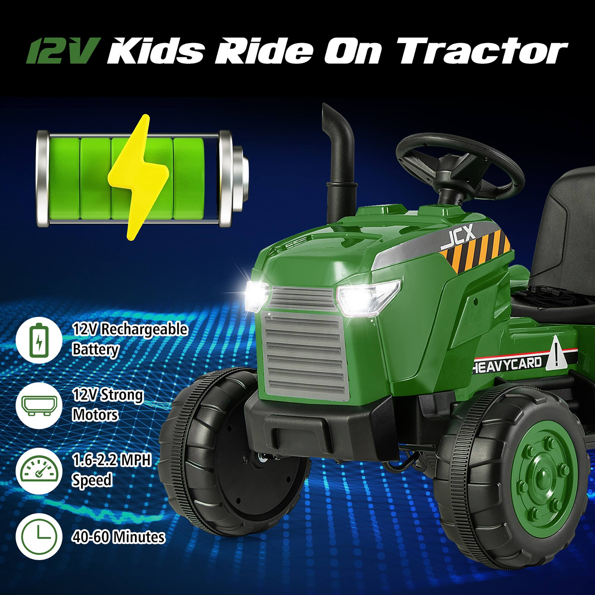 12V Kids Ride On Tractor

- 12V Rechargeable Battery
- 12V Strong Motors
- 1.6-2.2 MPH Speed
- 40-60 Minutes

HEAVYCARD