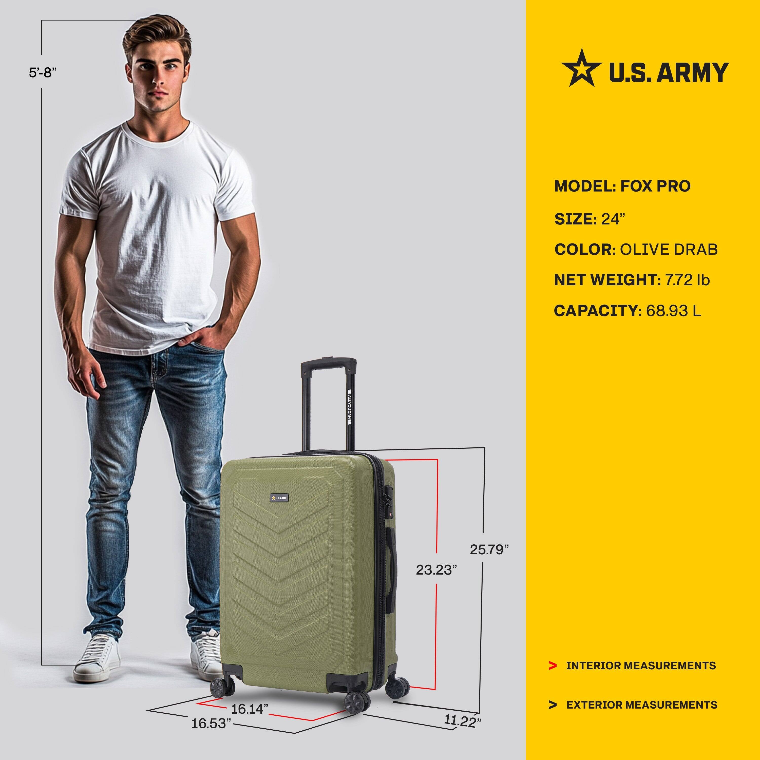 5'-8" U.S. ARMY  
MODEL: FOX PRO  
SIZE: 24"  
COLOR: OLIVE DRAB  
NET WEIGHT: 7.72 lb  
CAPACITY: 68.93 L  

INTERIOR MEASUREMENTS:  
16.14" x 16.53" x 11.22"  

EXTERIOR MEASUREMENTS:  
25.79" x 23.23" x 11.22"