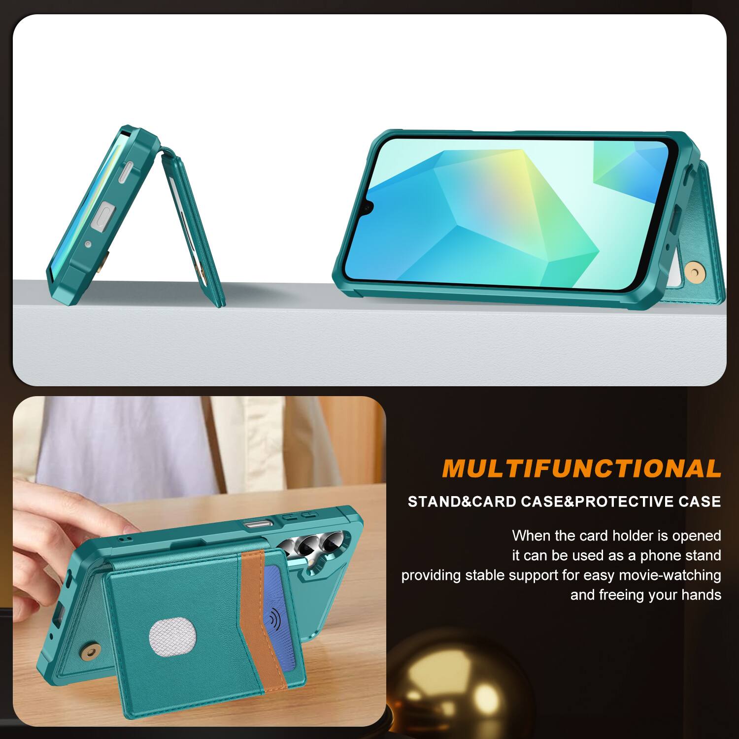 MULTIFUNCTIONAL STAND & CARD CASE & PROTECTIVE CASE

When the card holder is opened, it can be used as a phone stand, providing stable support for easy movie-watching and freeing your hands.