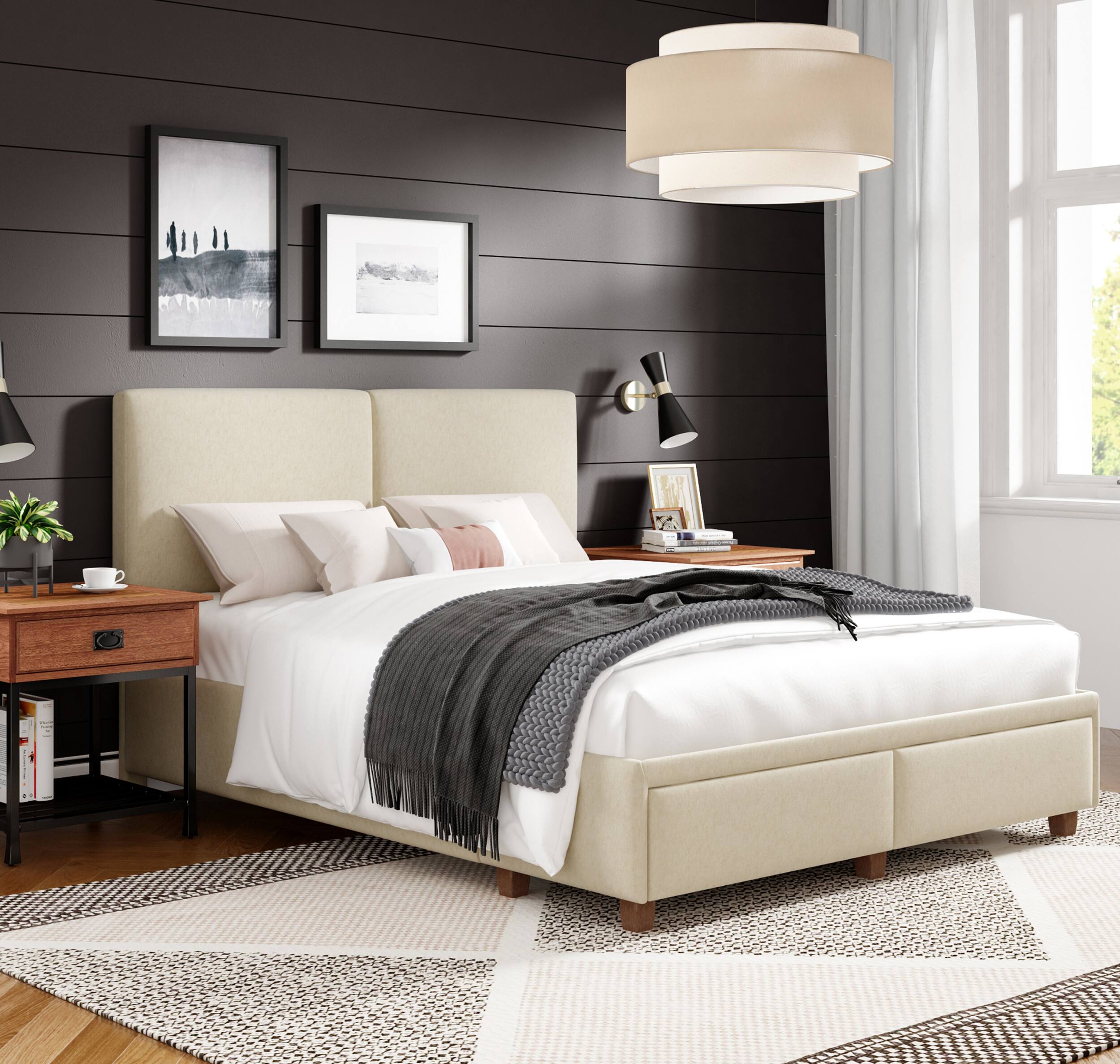 Angle. Finch - Maxwell Storage Bed with Adjustable Height Headboard Queen - Beige.