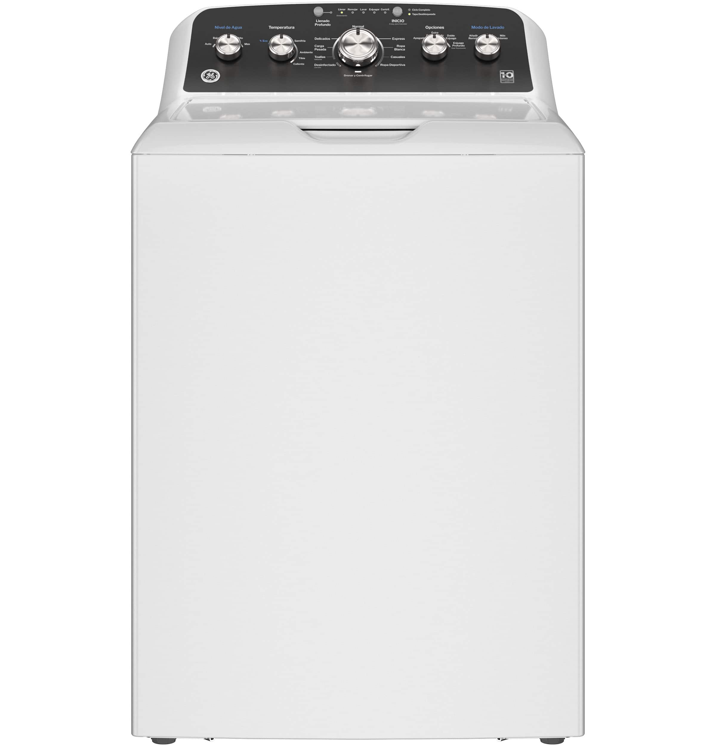 Front. GE - 4.5 Cu. Ft. High-Efficiency Top Load Washer with Spanish Control Panel - White with Matte Black.