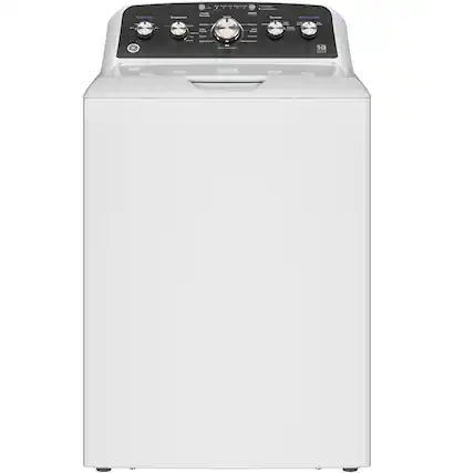 Front. GE - 4.5 Cu. Ft. High-Efficiency Top Load Washer with Spanish Control Panel - White with Matte Black.